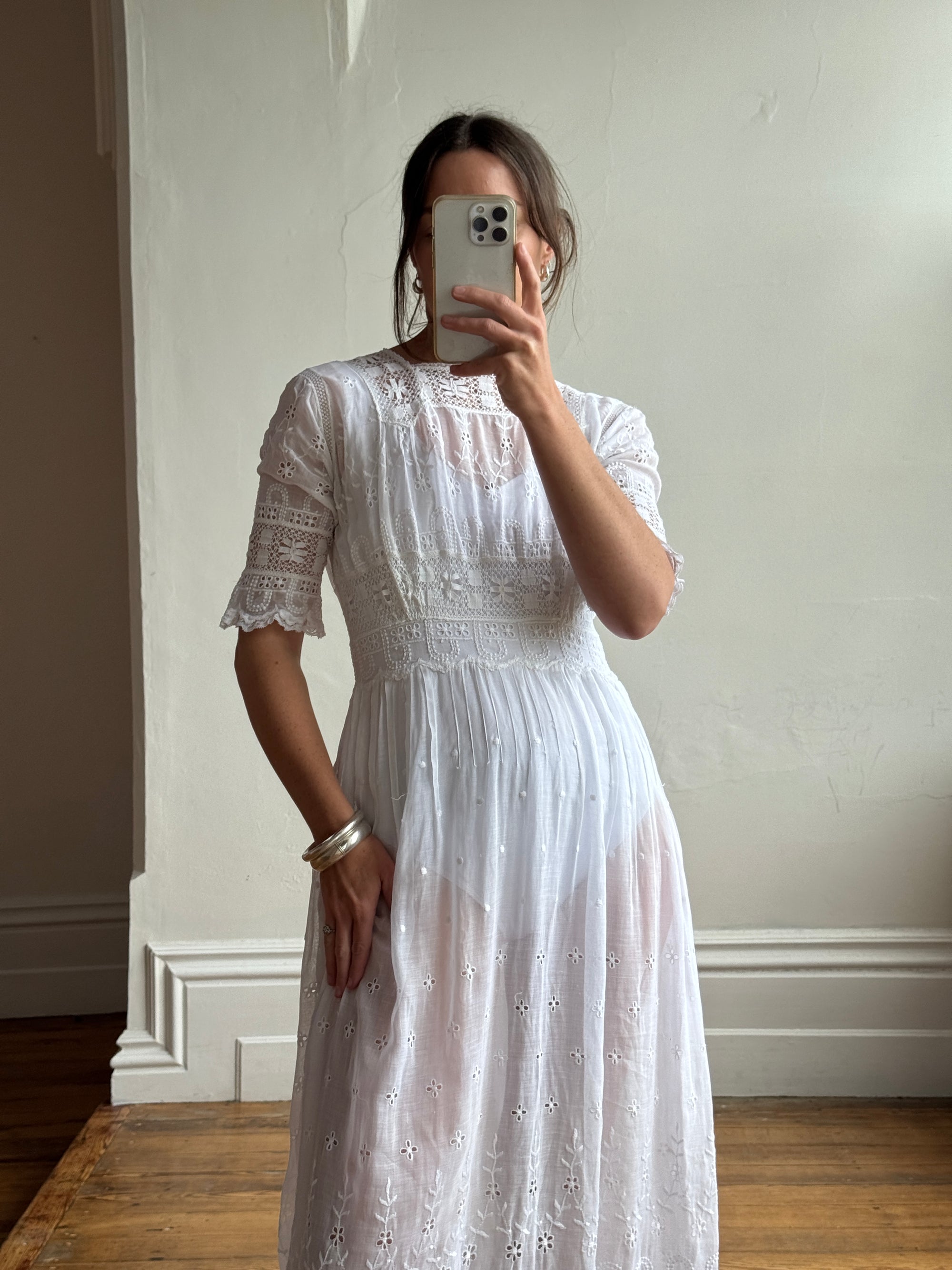 Antique Edwardian Lace Tea Soiree Dress Short Sleeve