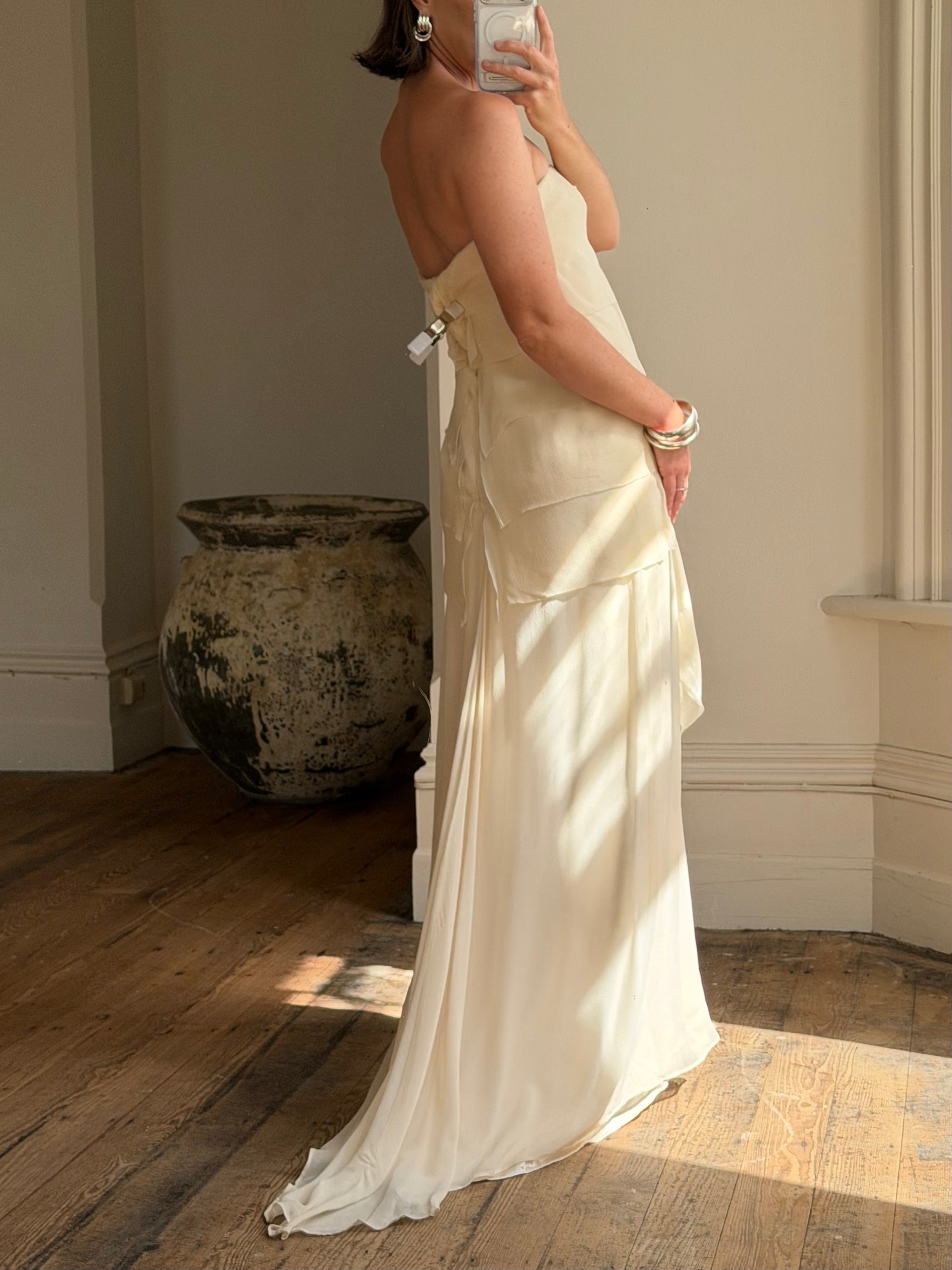 Vintage 90s Pure Silk Waterfall Strapless Bridal Gown