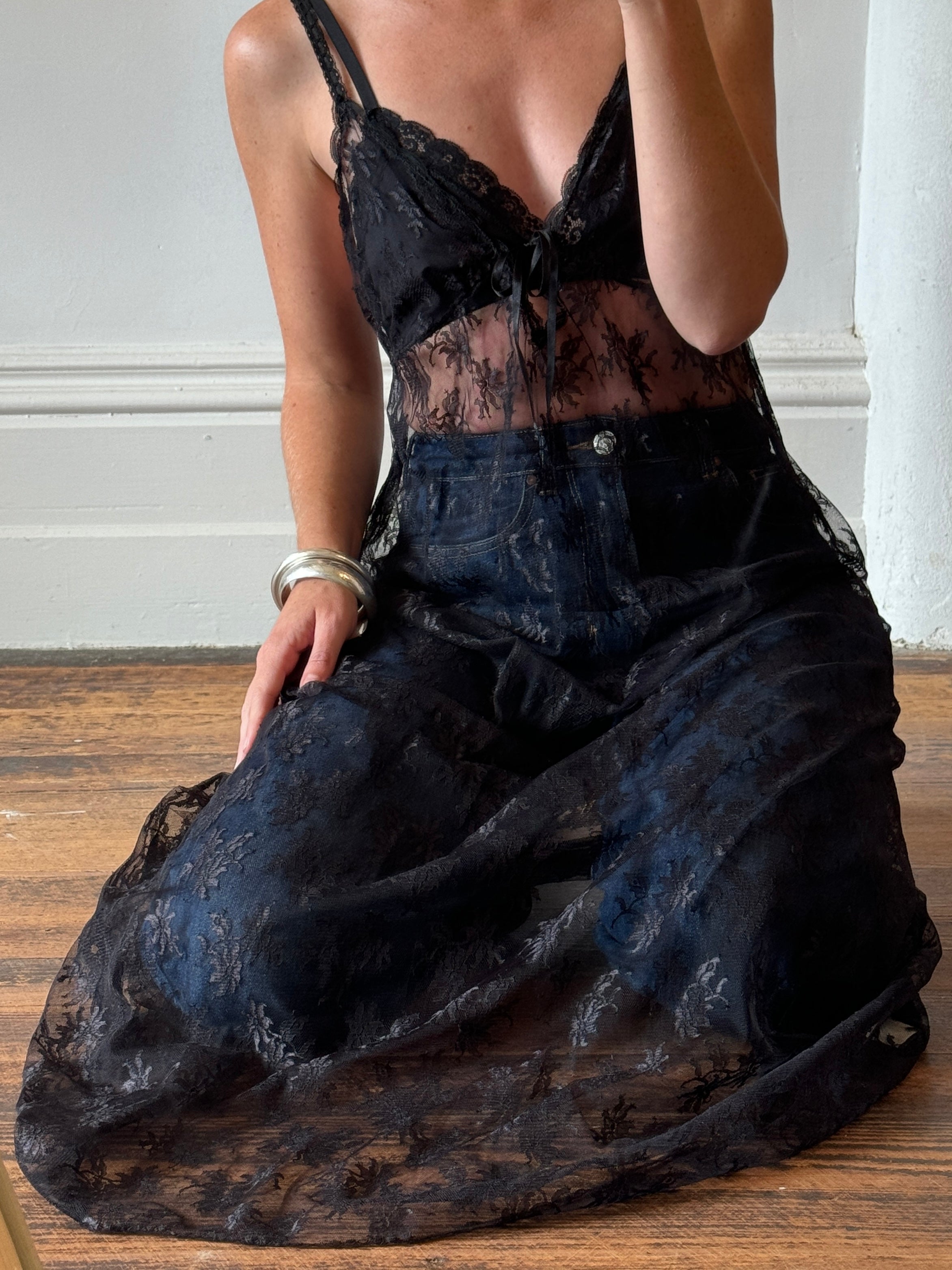Vintage Black Lace Tie Front Slip Dress