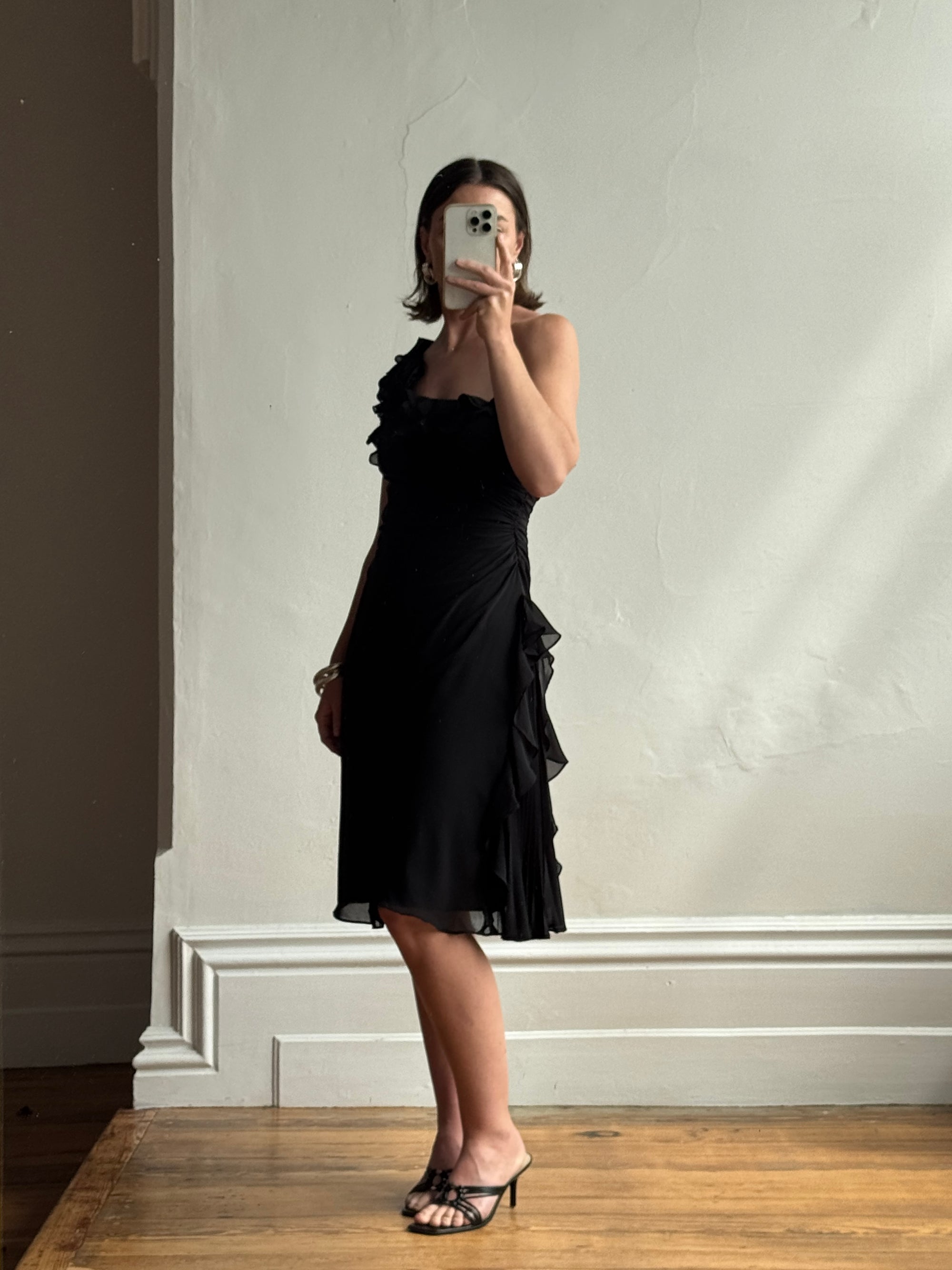 Vintage 90s One Shoulder Ruffle Jersey Dress Noir