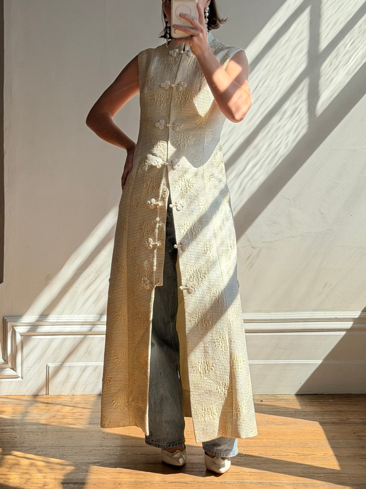 Vintage 60s Brocade Longline Qipao Cream