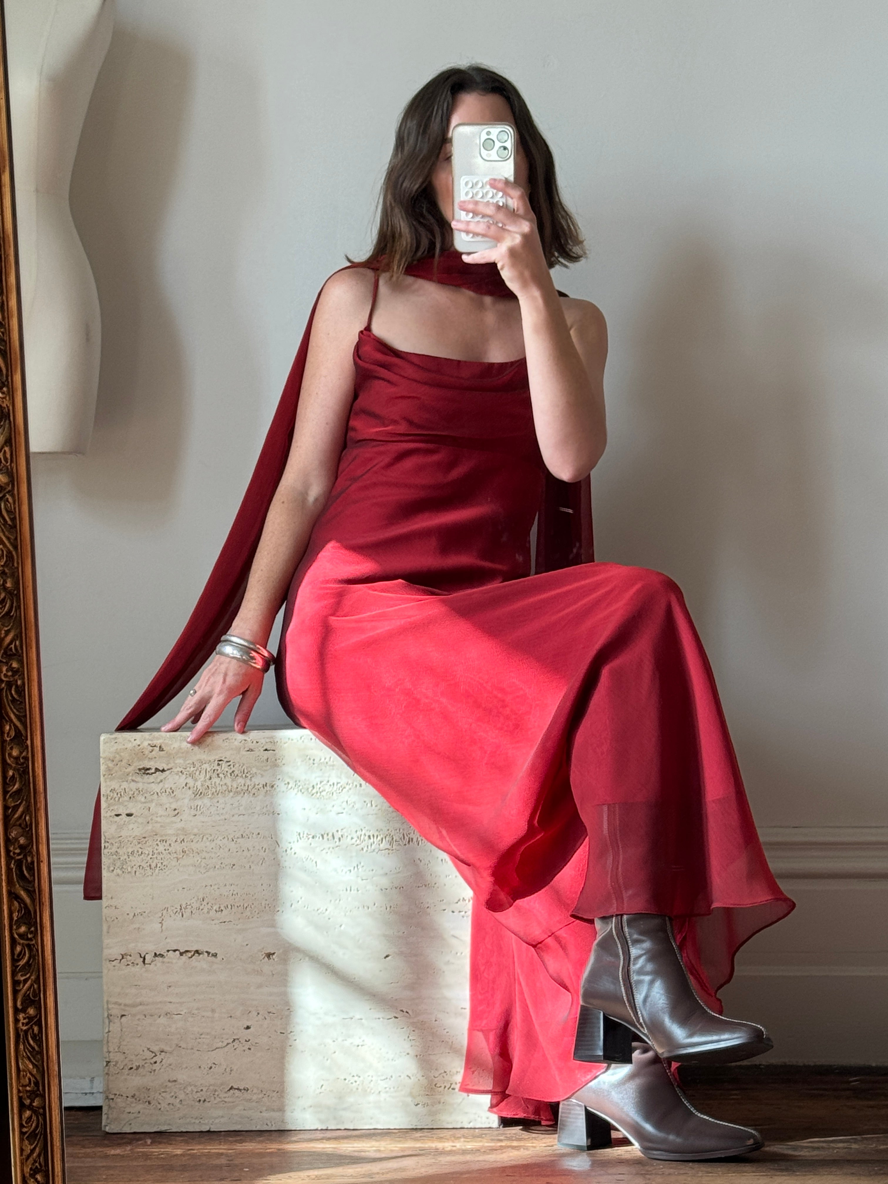 Vintage 90s Red Slip Dress with Skinny Scarf
