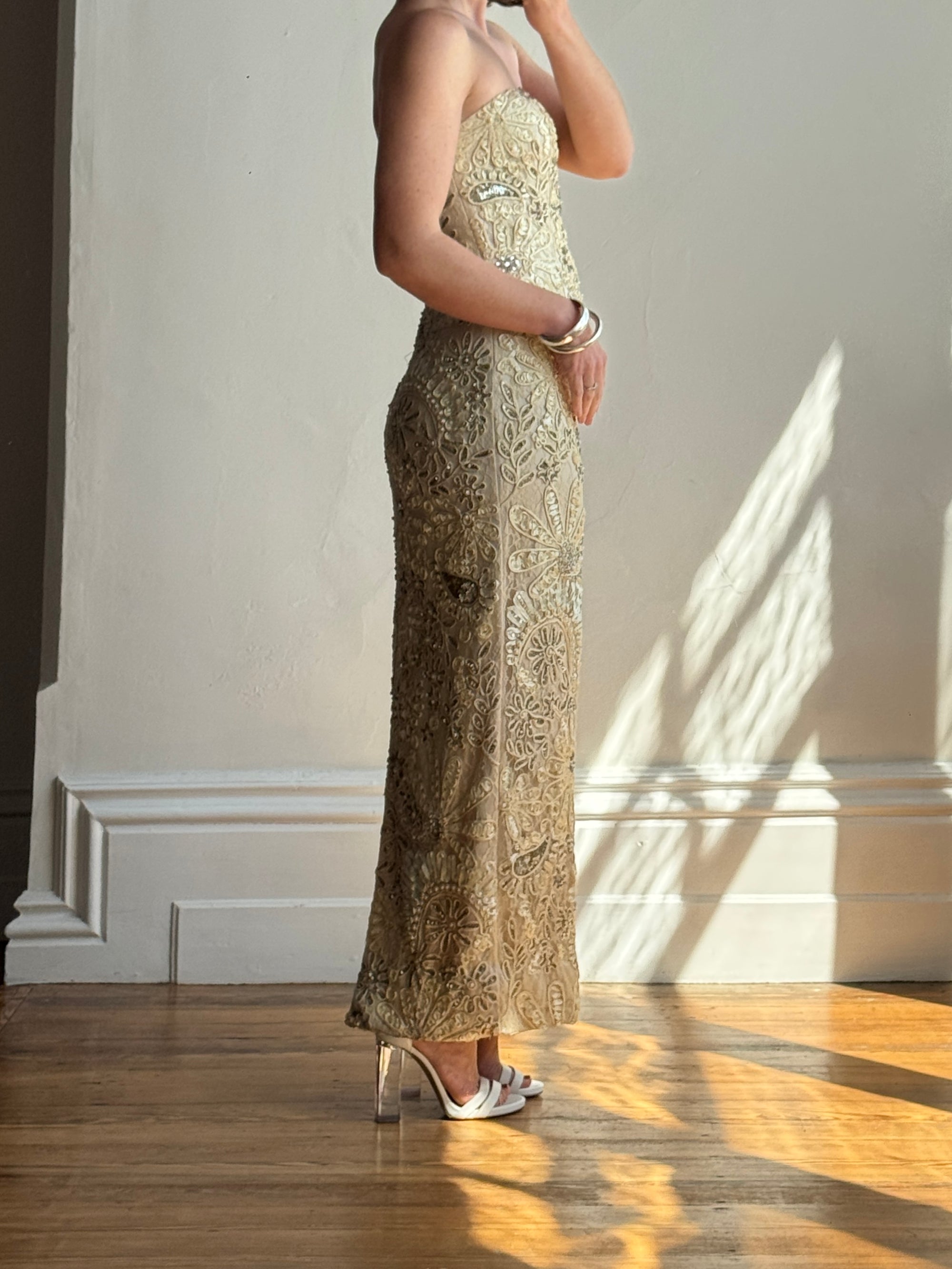Vintage 90s Strapless Cream Ribbon Bead Embroidered Midi