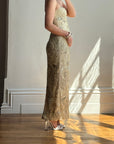 Vintage 90s Strapless Cream Ribbon Bead Embroidered Midi