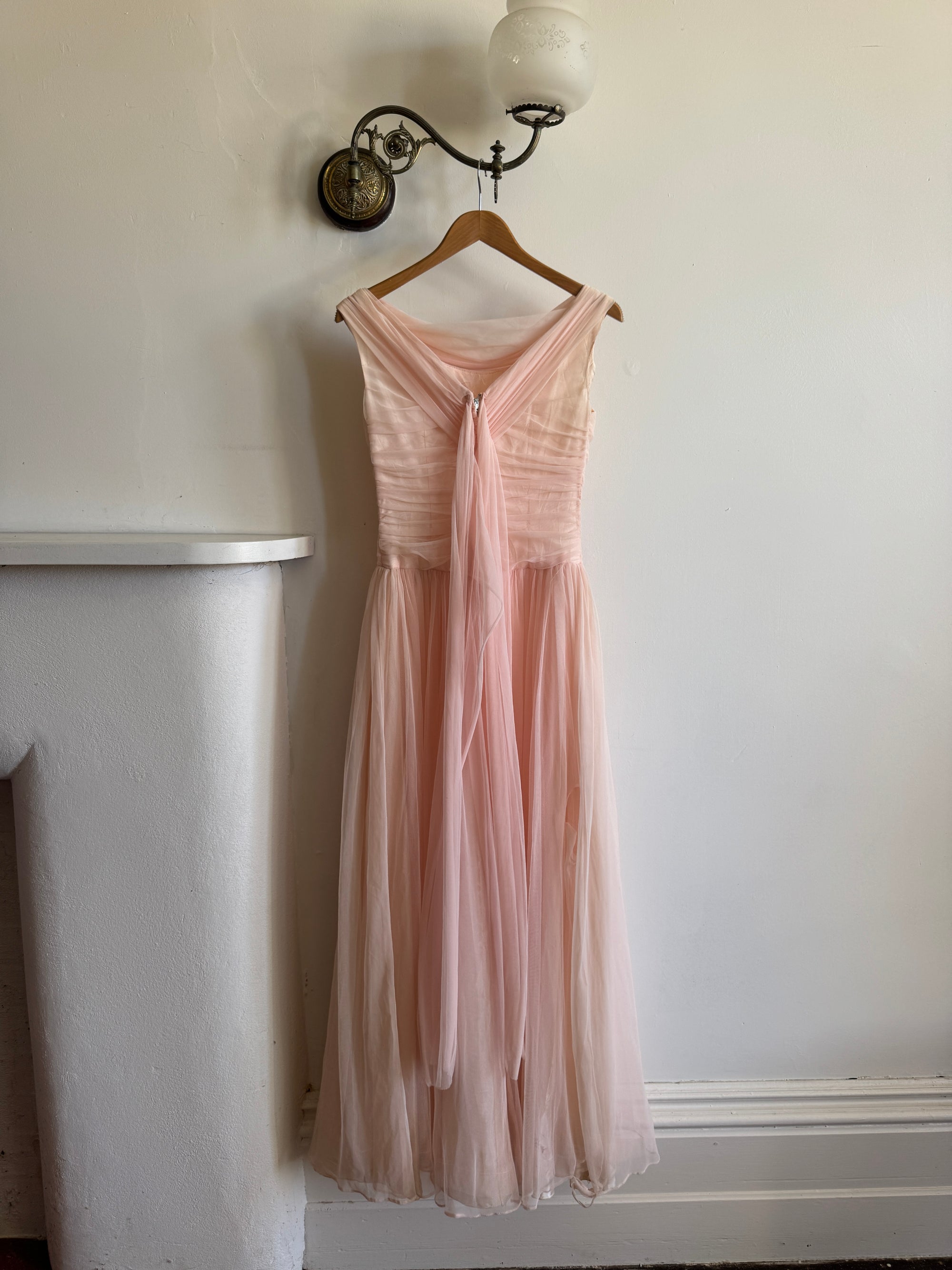 Vintage 60s Chiffon Gathered Pale Pink Maxi Gown