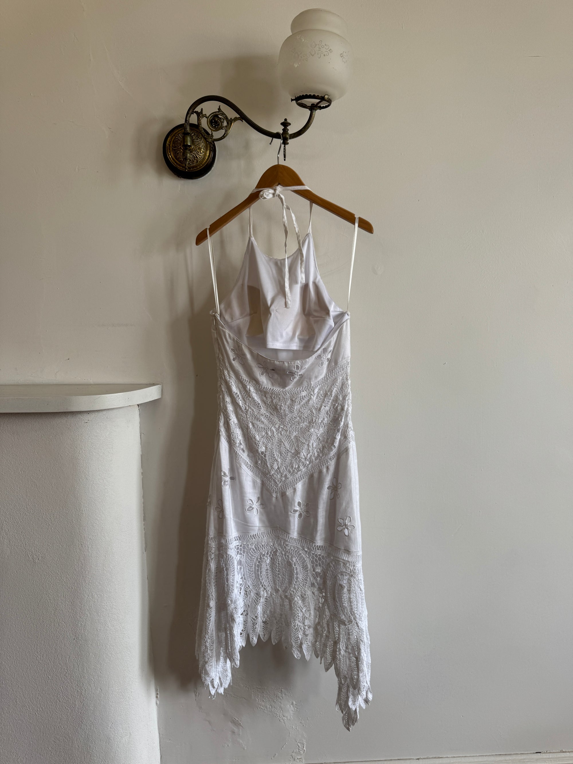 Vintage 90s Crochet Linen Handkerchief Halter Dress