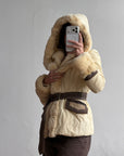 Vintage Y2K Italian Leather and Fur Belted Jacket with Hood