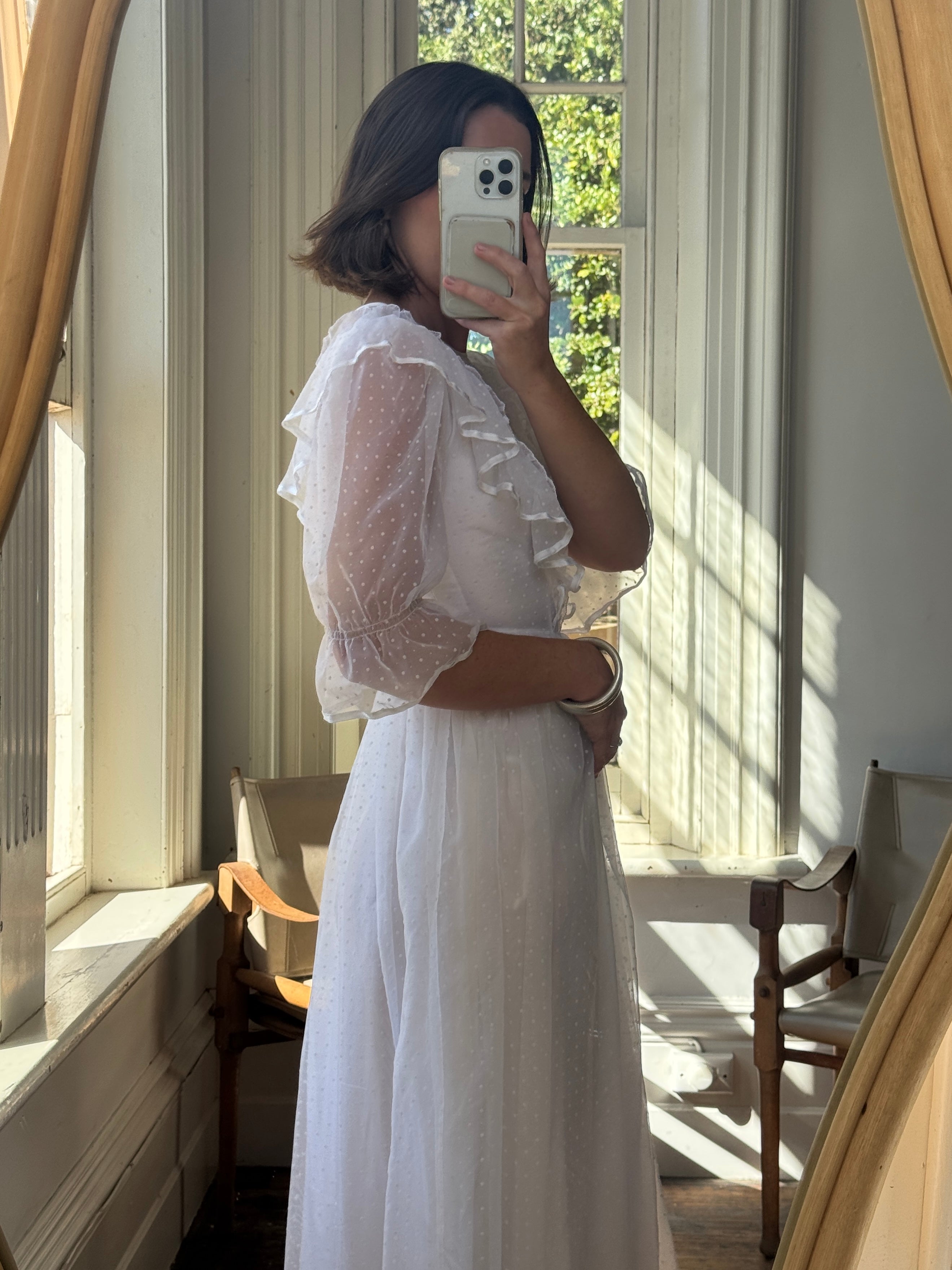 Vintage 70s Polka Chiffon Frill Wedding Dress