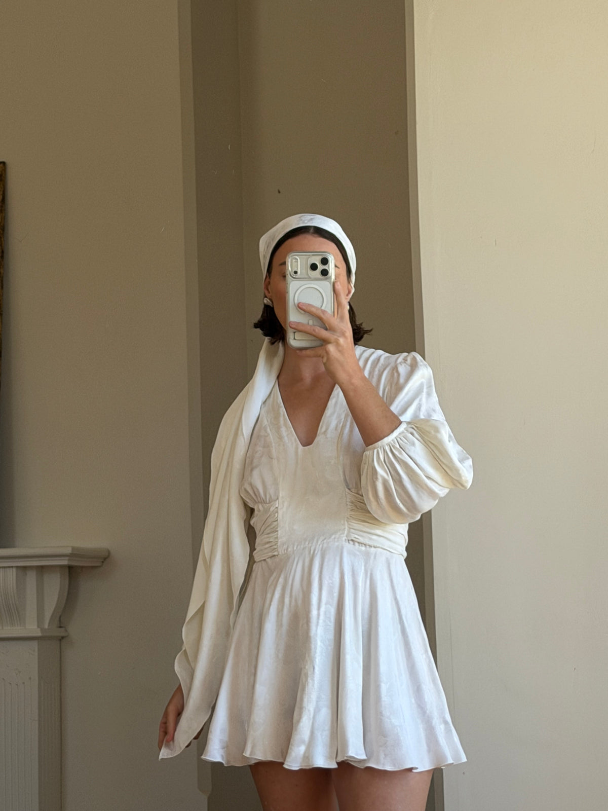 Vintage 70s Satin Jacquard Poet Sleeve Mini Dress