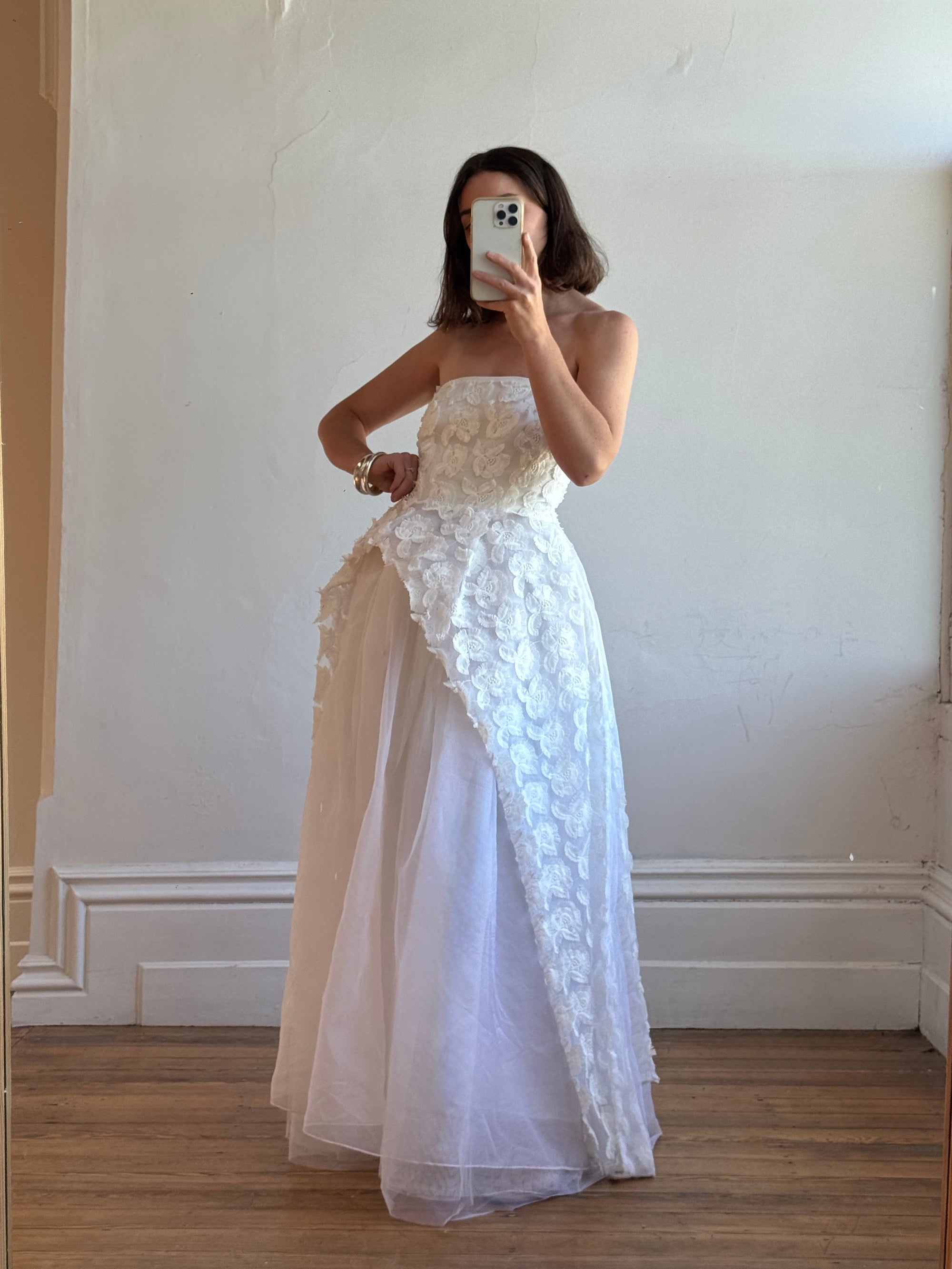 Vintage Y2K Strapless 3D Abstract Floral Wedding Gown