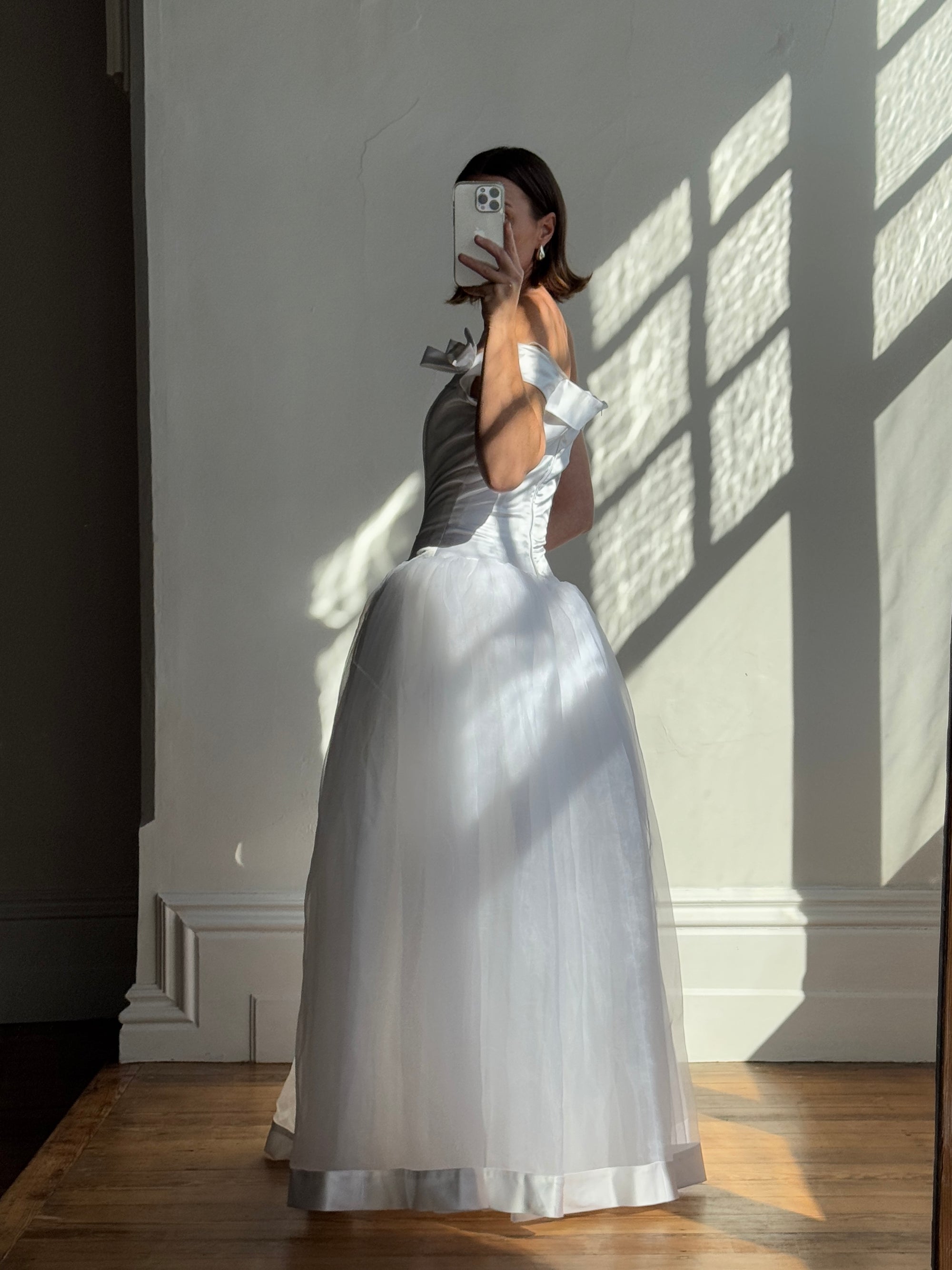 Vintage Y2K Satin Drop Waist Tulle Wedding Dress With Bows