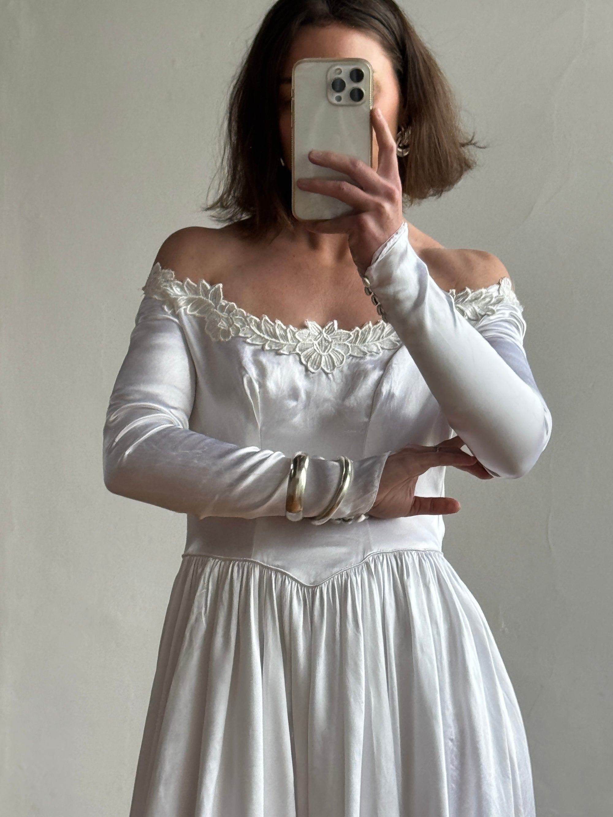 Vintage 50s Liquid Satin Scoop Applique Wedding Gown