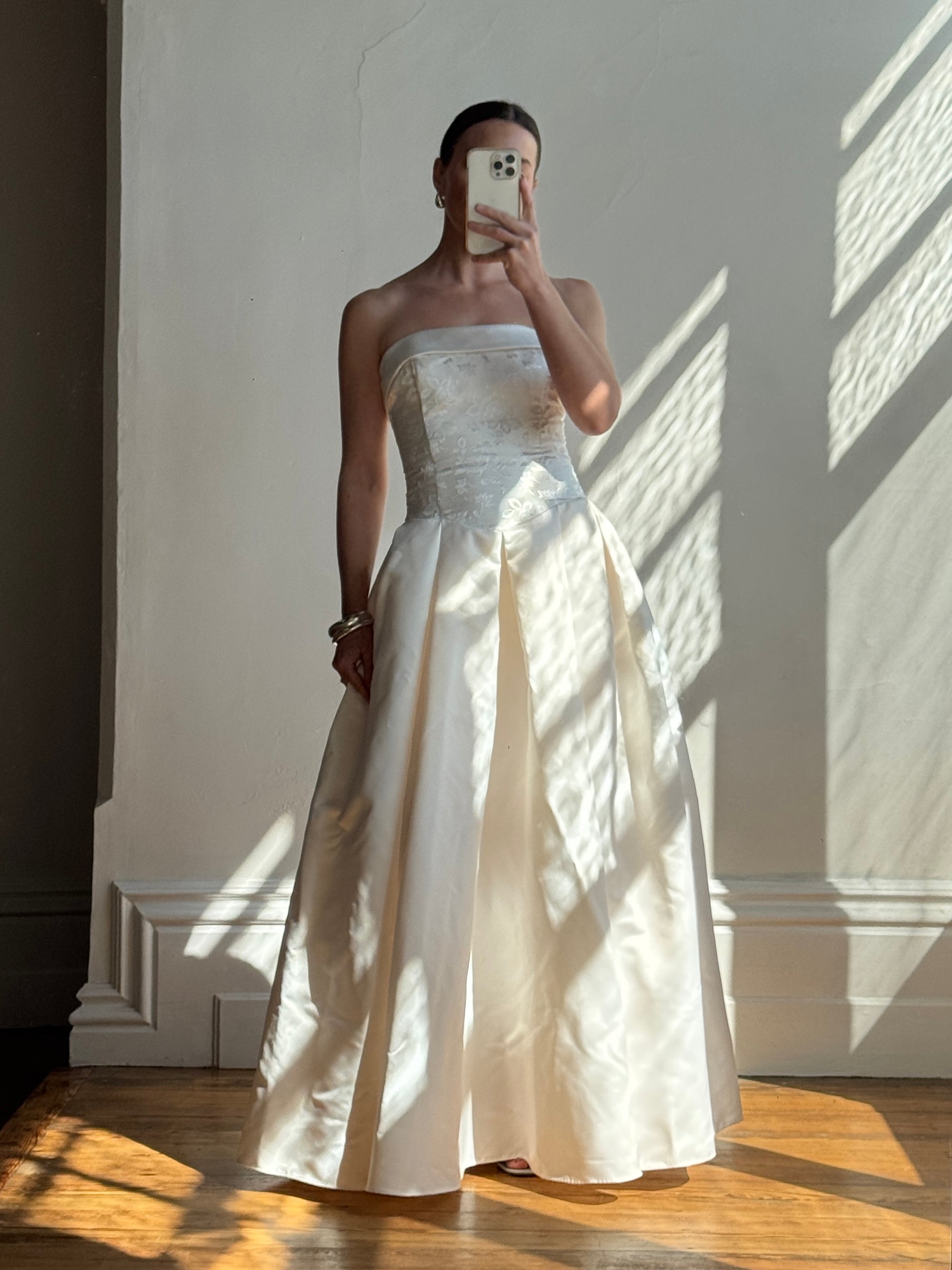 Vintage 90s Strapless Jacquard Satin Princess Wedding Dress