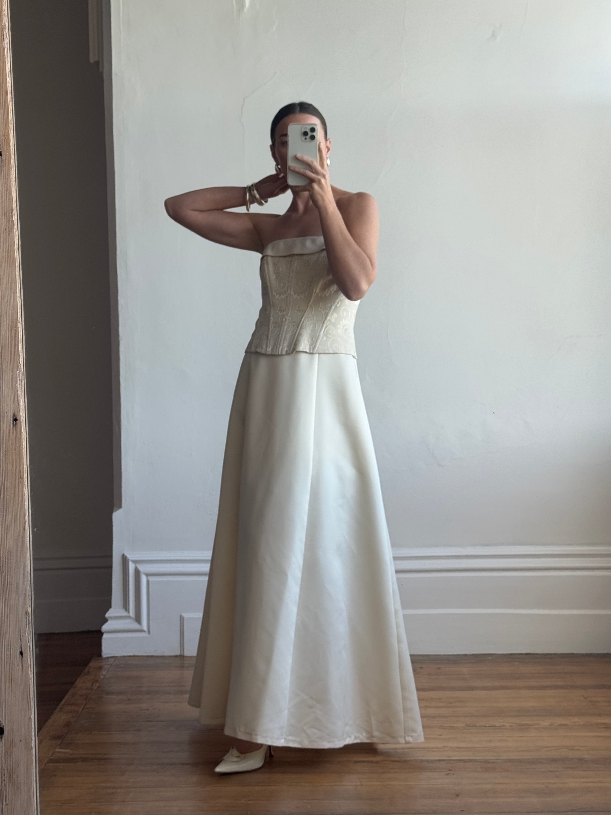 Vintage 90s Light Golden Brocade Strapless Satin Wedding Dress