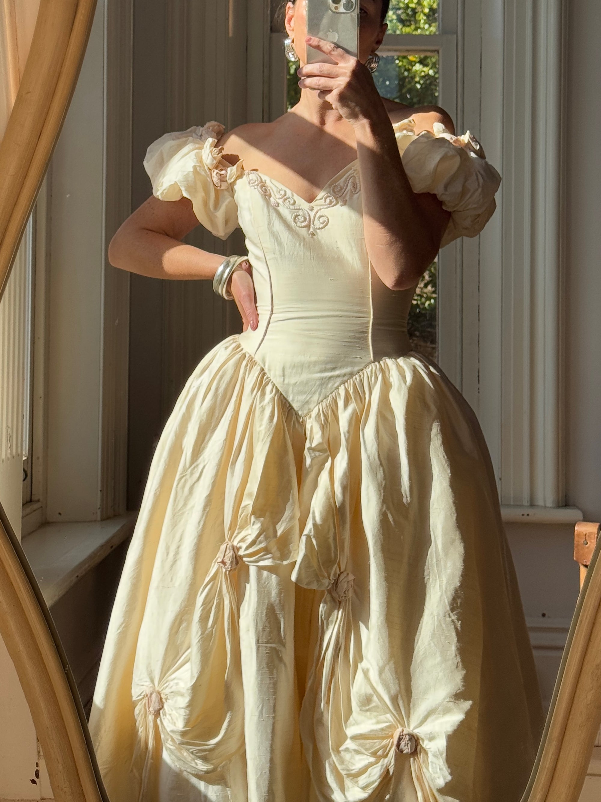 Vintage 90s Pure Silk Renaissance Basque Waist Wedding Gown