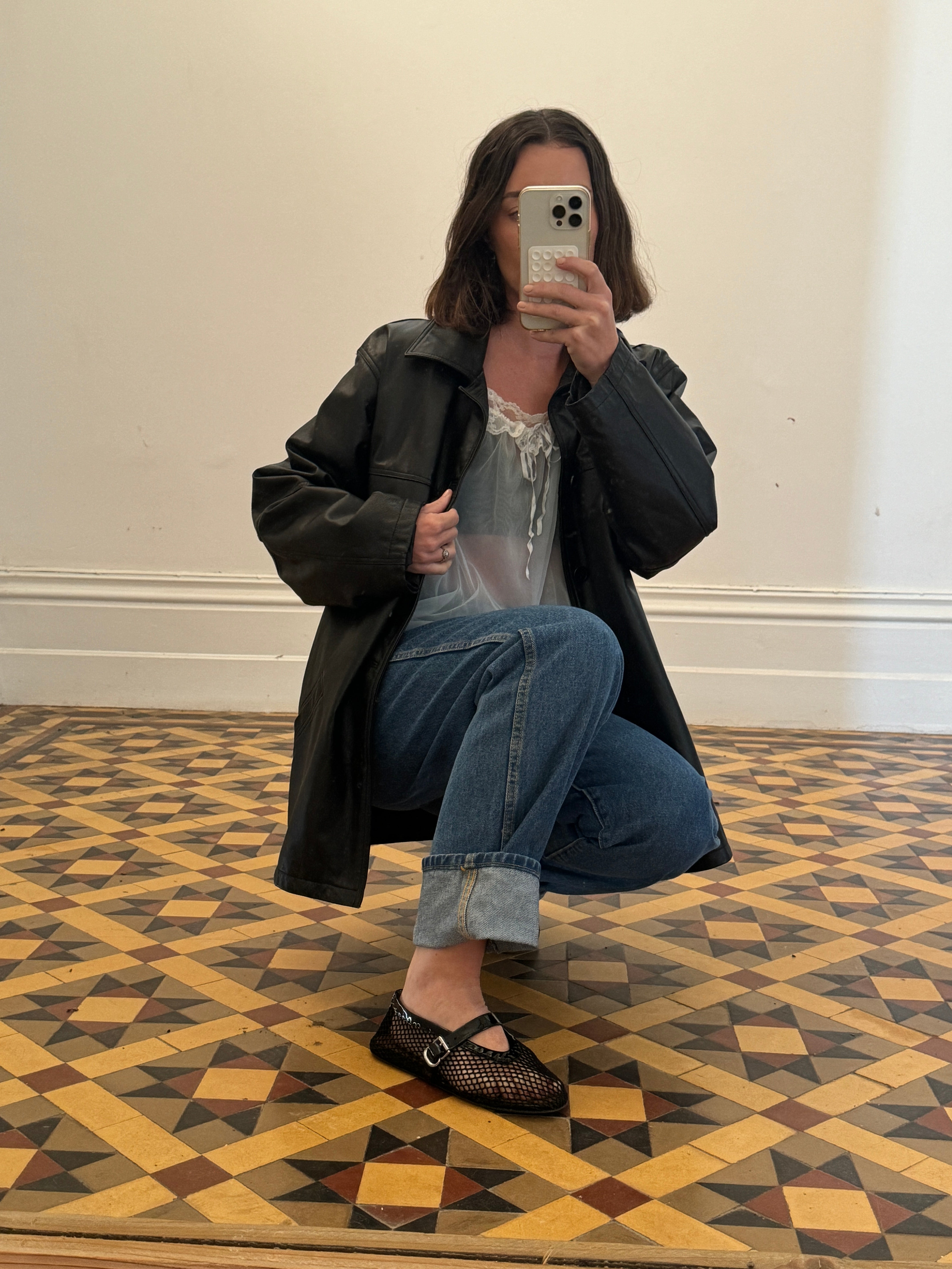 Vintage 90s Leather Short Trench Black