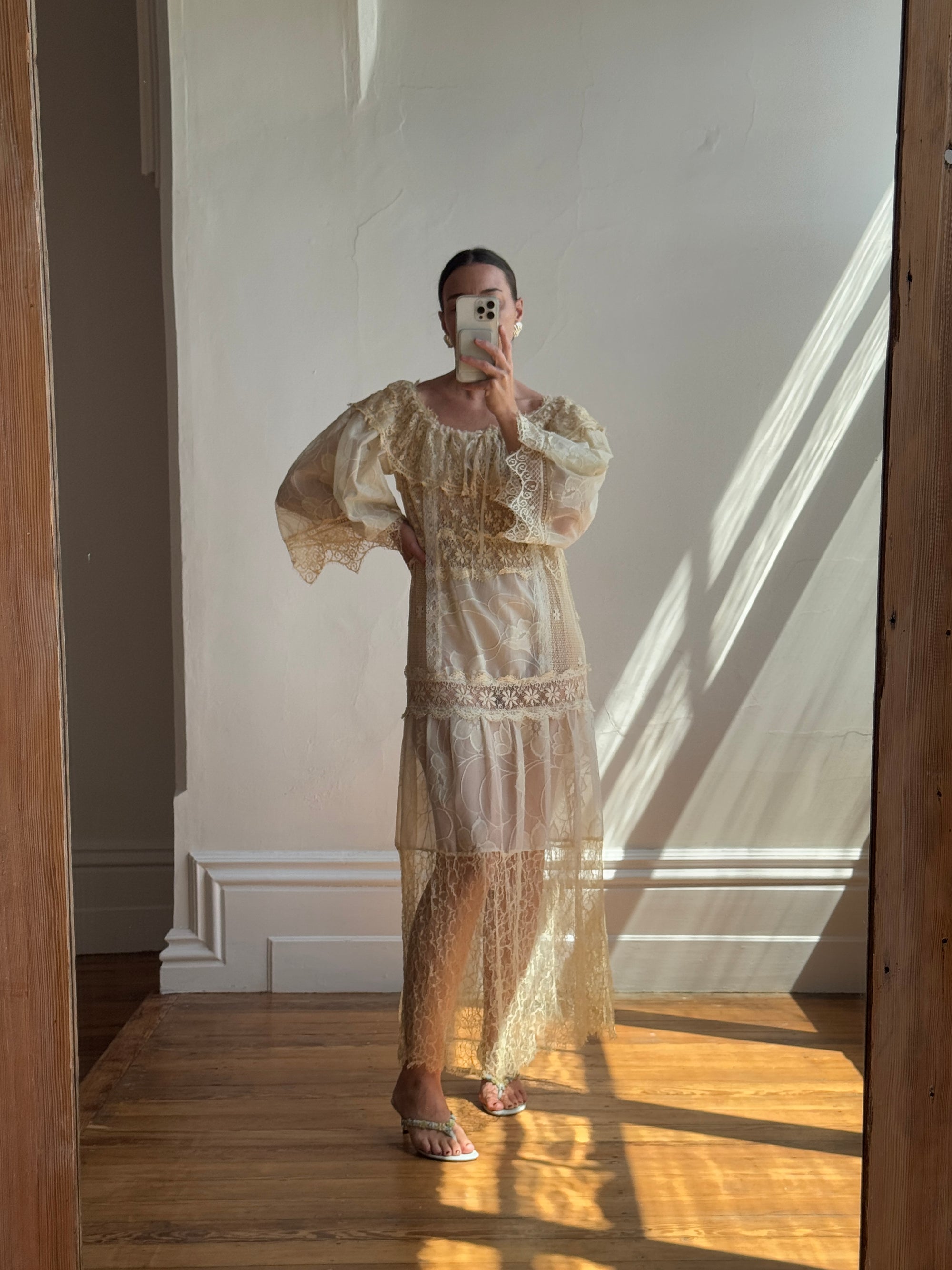 Vintage 70s Patchwork Lace Gown Creme