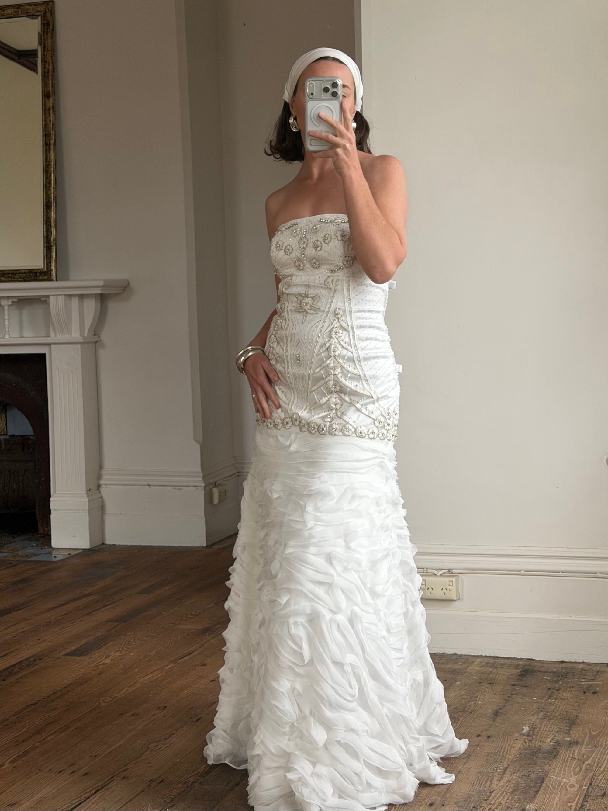 Vintage 90s Strapless Embellished Ruffled Wedding Gown