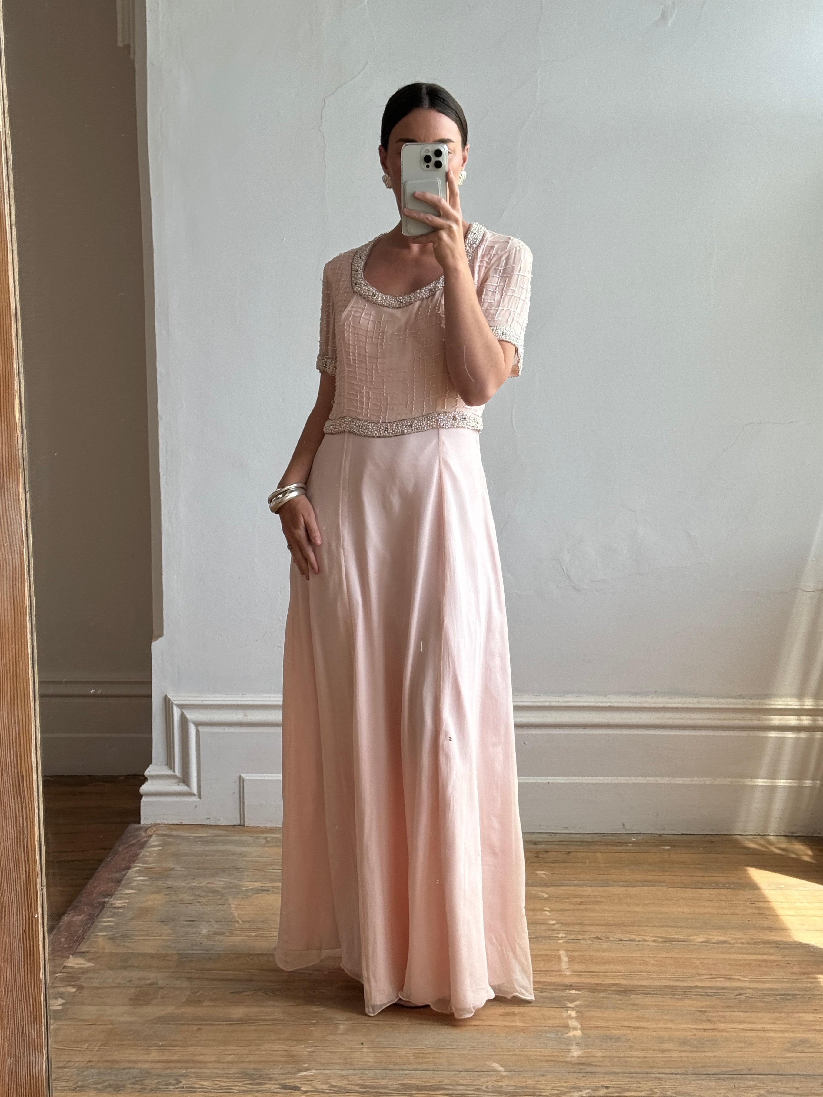 Vintage 80s Baby Pink Pure Silk Embellished Evening Gown