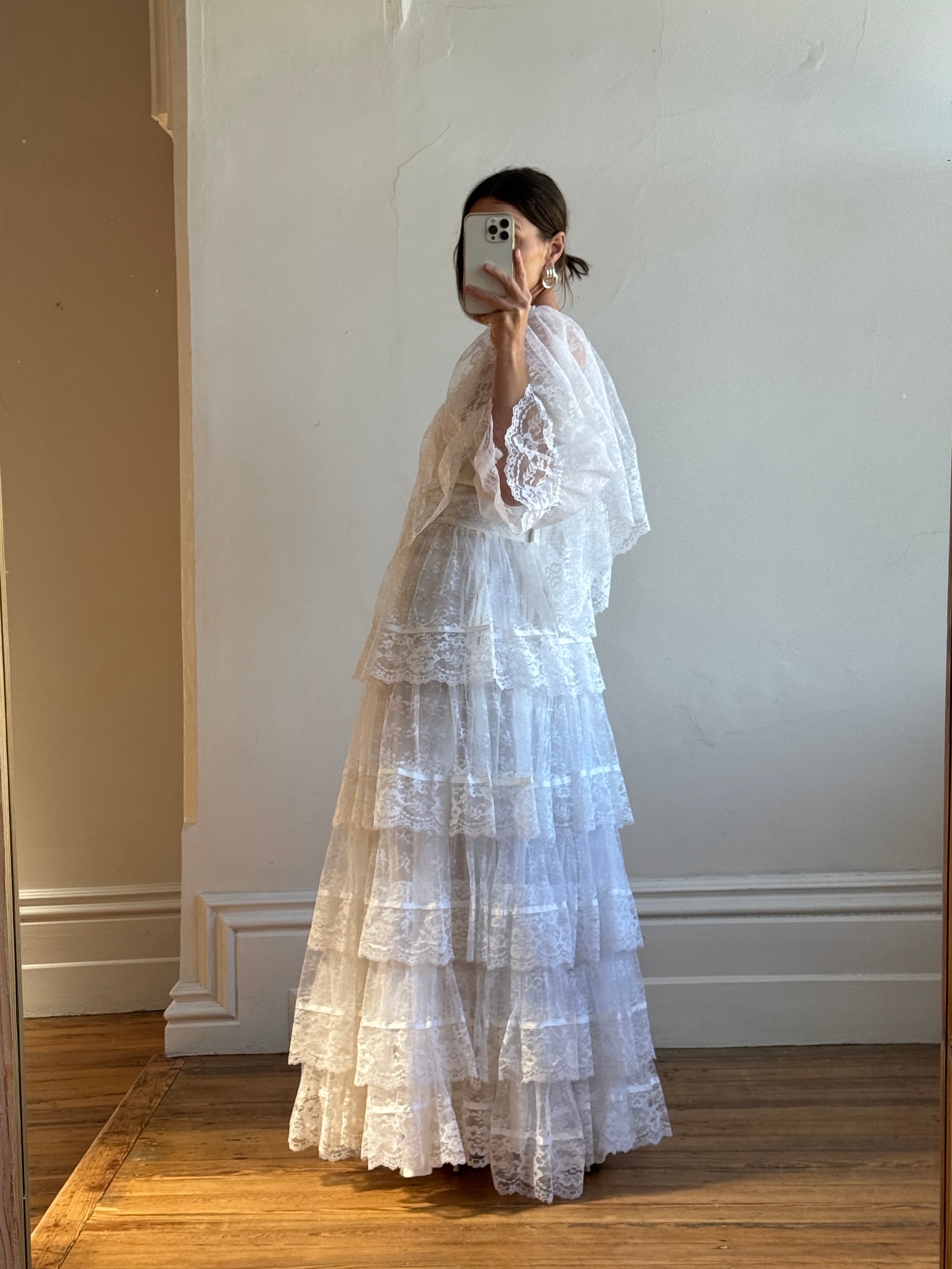 Vintage 70s Tiered Lace Ruffle Wedding Gown