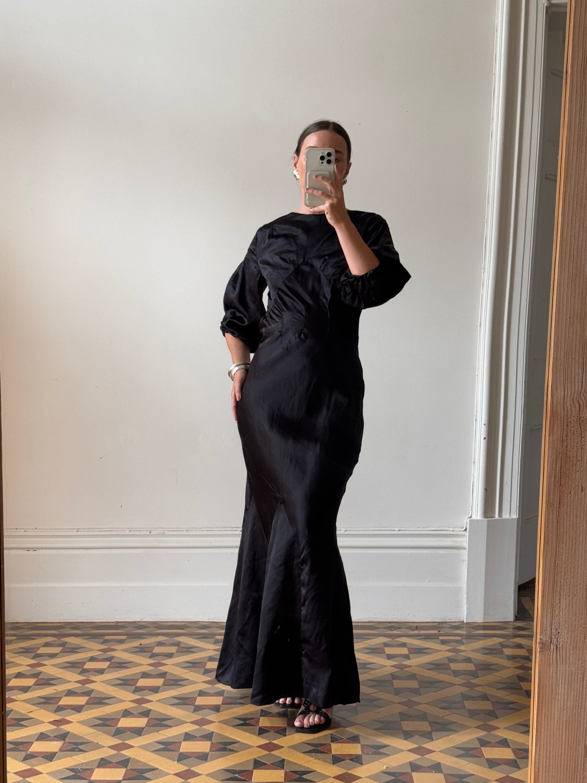 Vintage 30s Black Satin Backless ZigZag Fishtail Dress