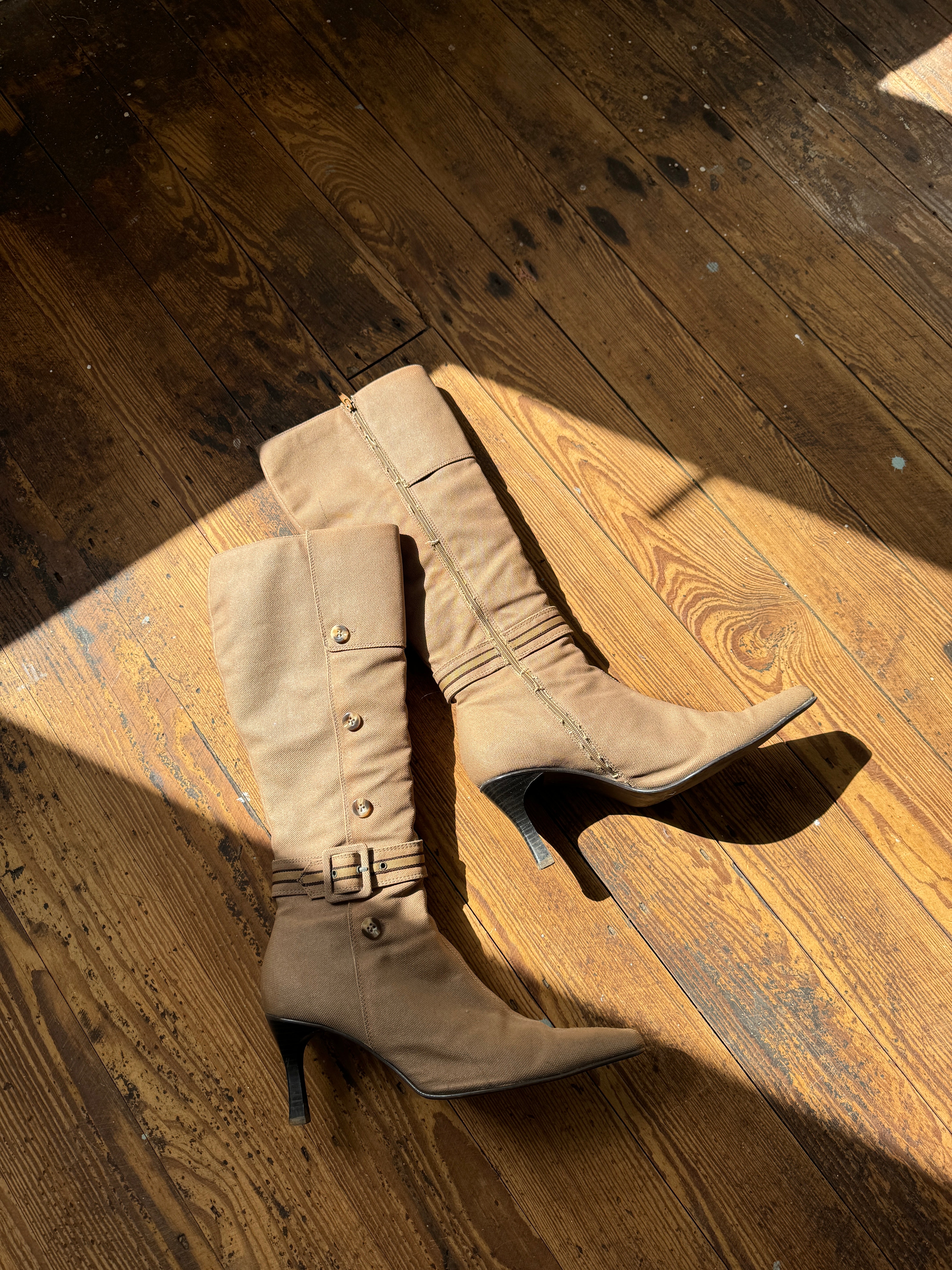 Vintage 90s Canvas Calf High Pointed Boots Latte