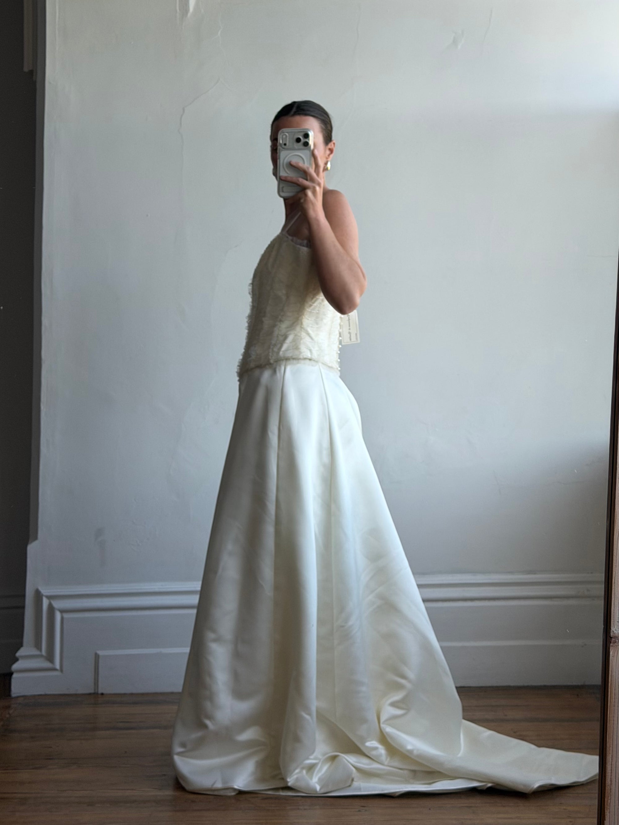 Vintage 90s Italian Bridal Fairy Tulle Embroidered Bustier and Satin Skirt