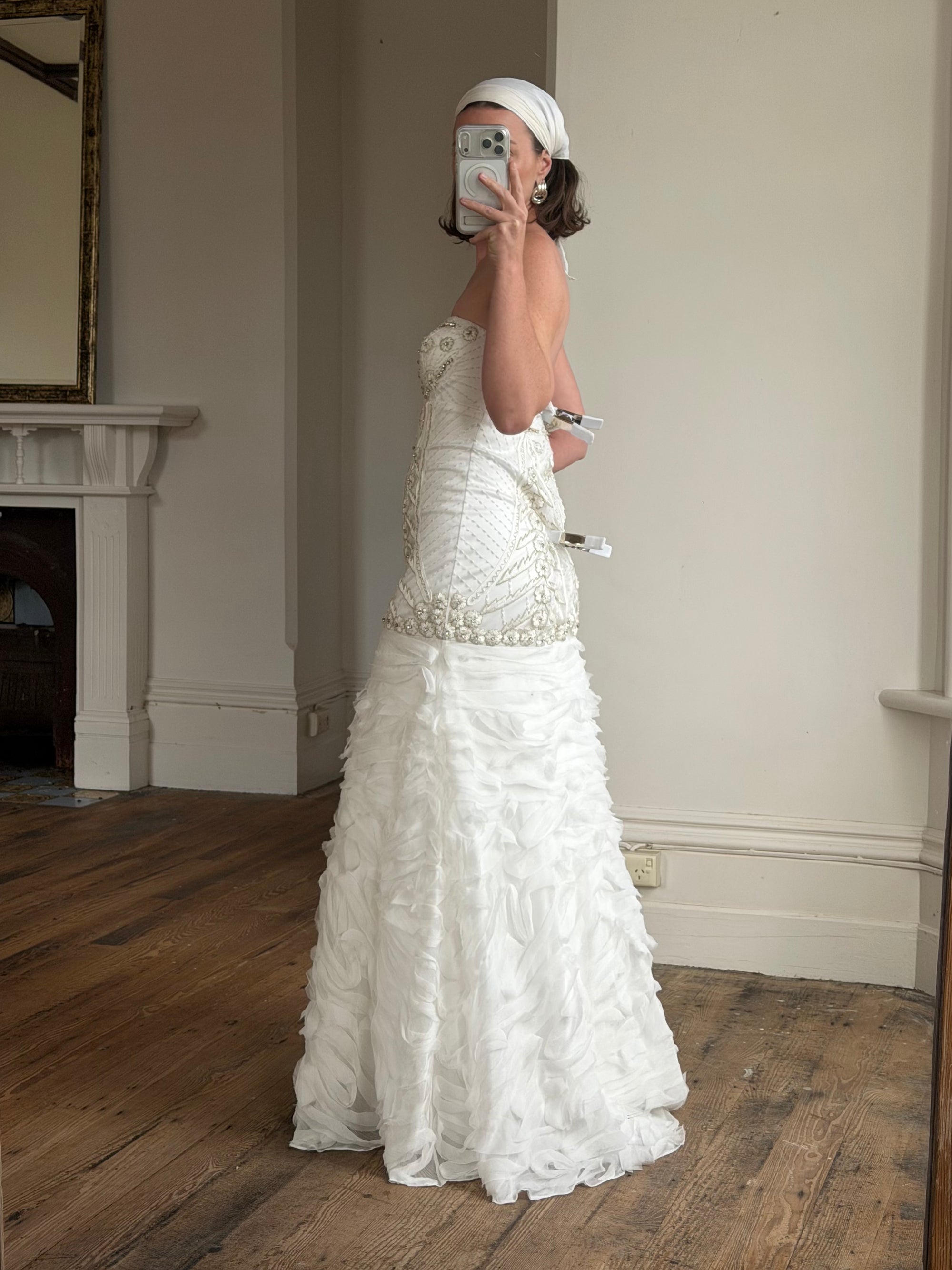 Vintage 90s Strapless Embellished Ruffled Wedding Gown