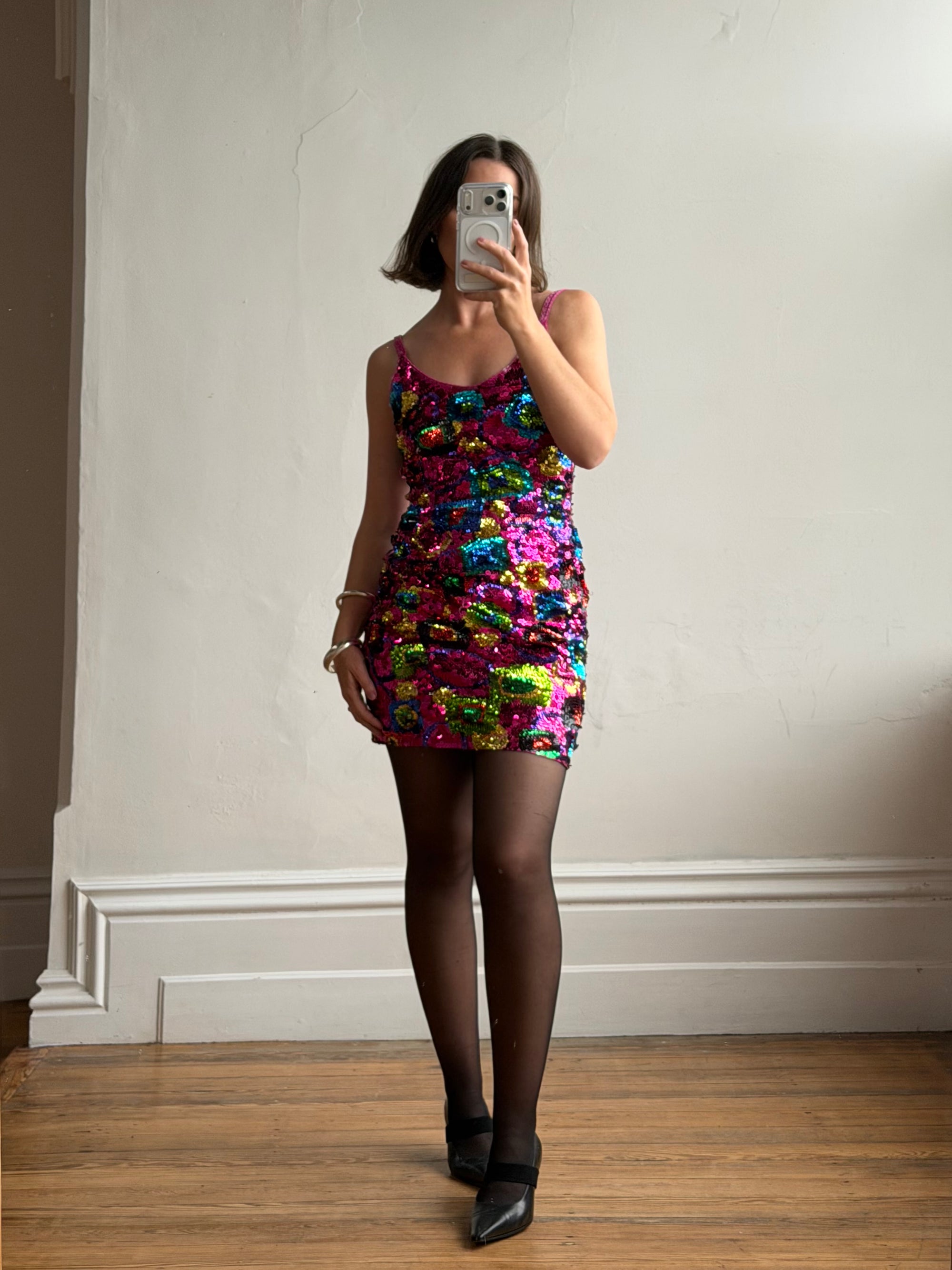 Vintage 90s Rainbow Disco Sequin Party Mini Dress
