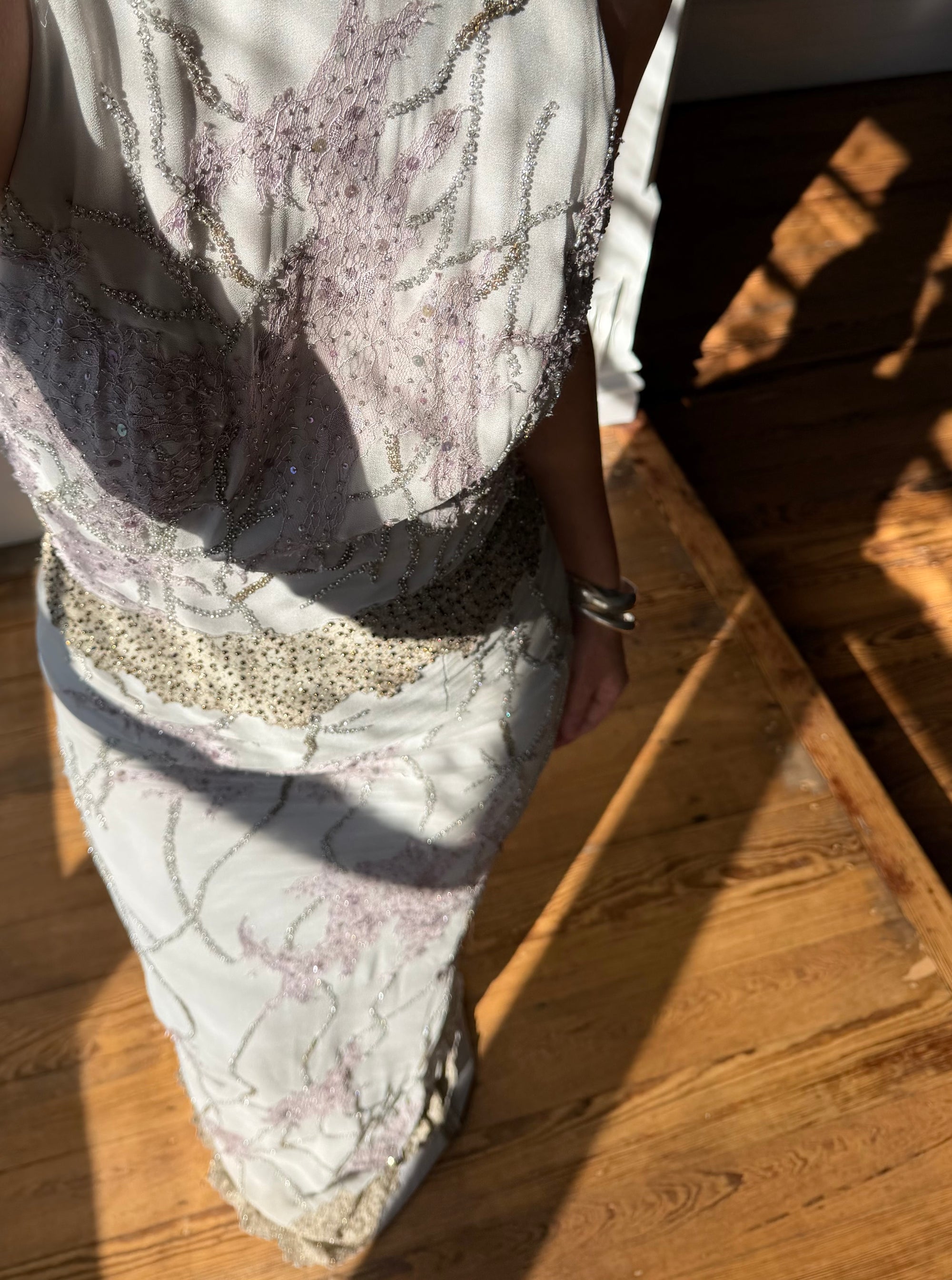 Vintage 90s Pure Silk High Front Embellished Lavender Gown