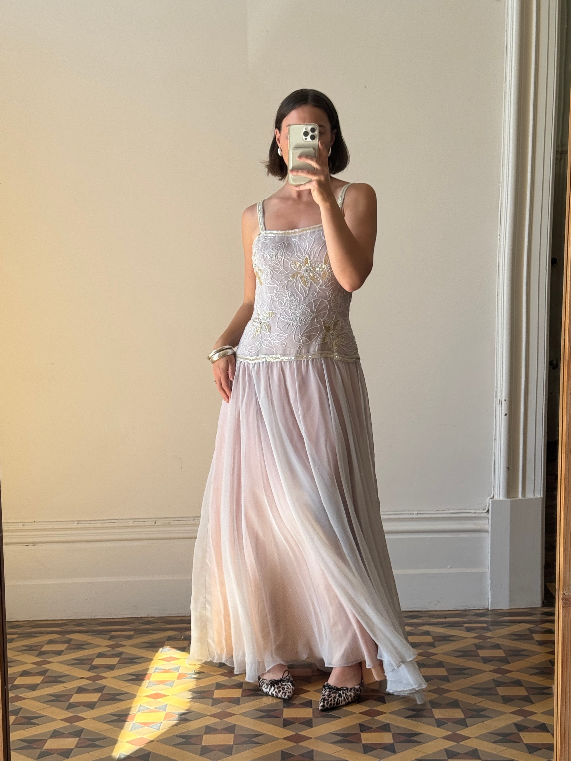 Vintage 70s Drop Waist Beaded Dress Sunrise Lilac