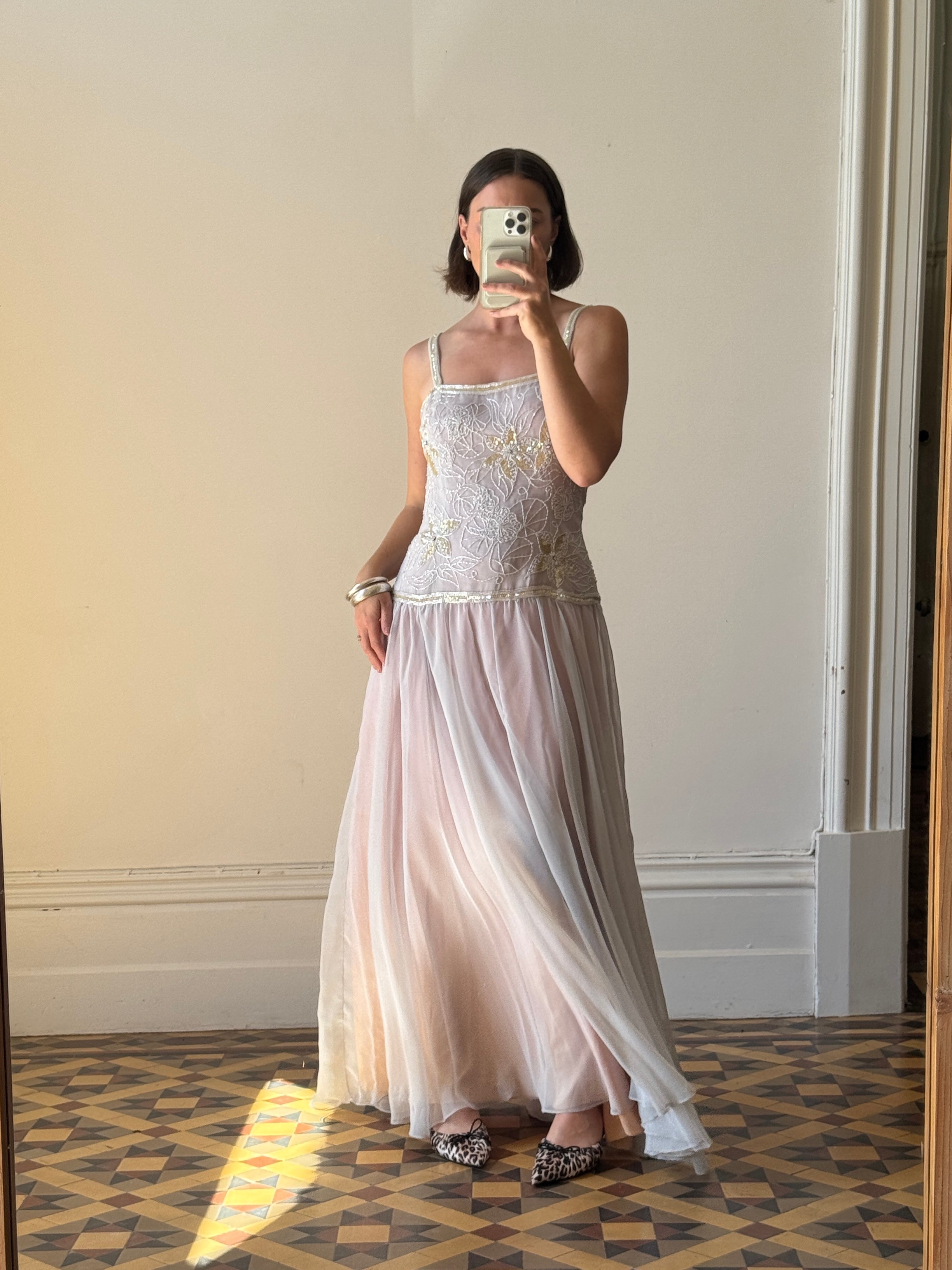 Vintage 70s Drop Waist Beaded Dress Sunrise Lilac