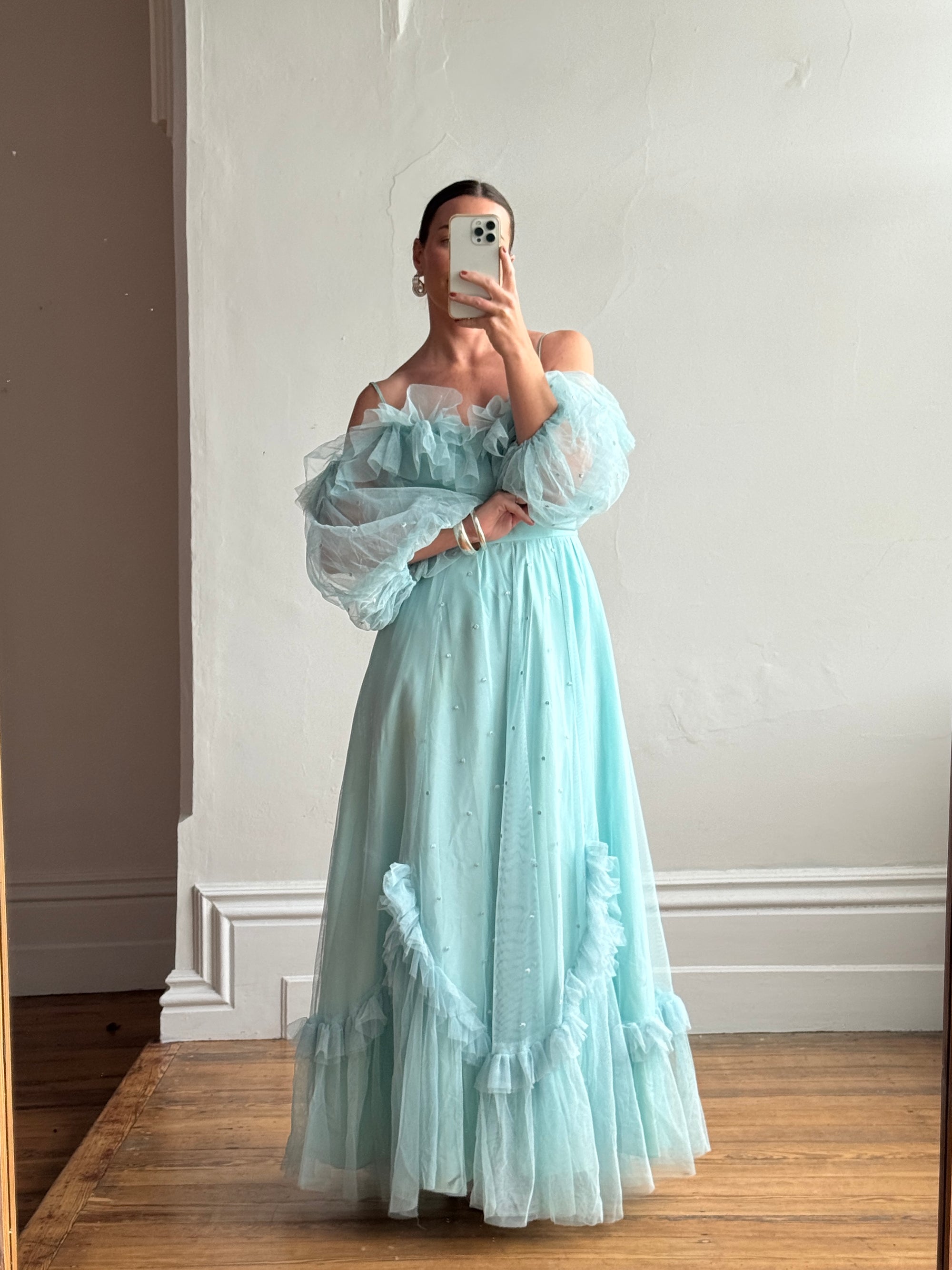 Vintage 80s Sky Blue Tulle Off Shoulder Party Dress