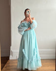 Vintage 80s Sky Blue Tulle Off Shoulder Party Dress