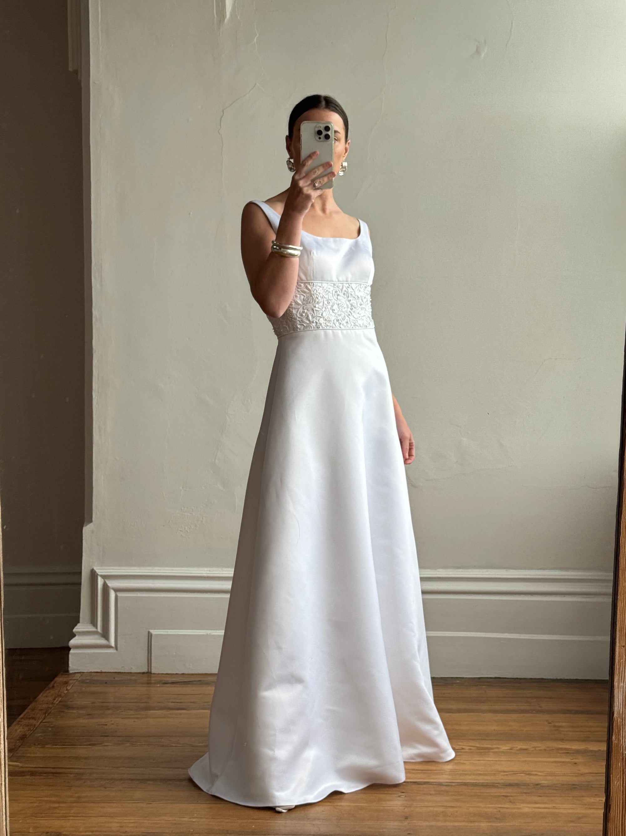 Vintage 90s Scoop Neck Beaded Satin Wedding Gown