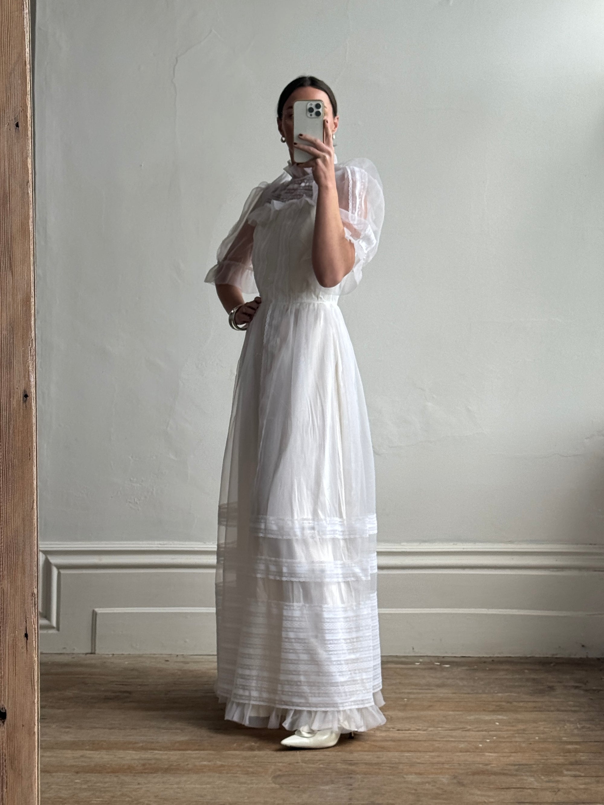 Vintage 70s Prairie Flutter Wedding Dress
