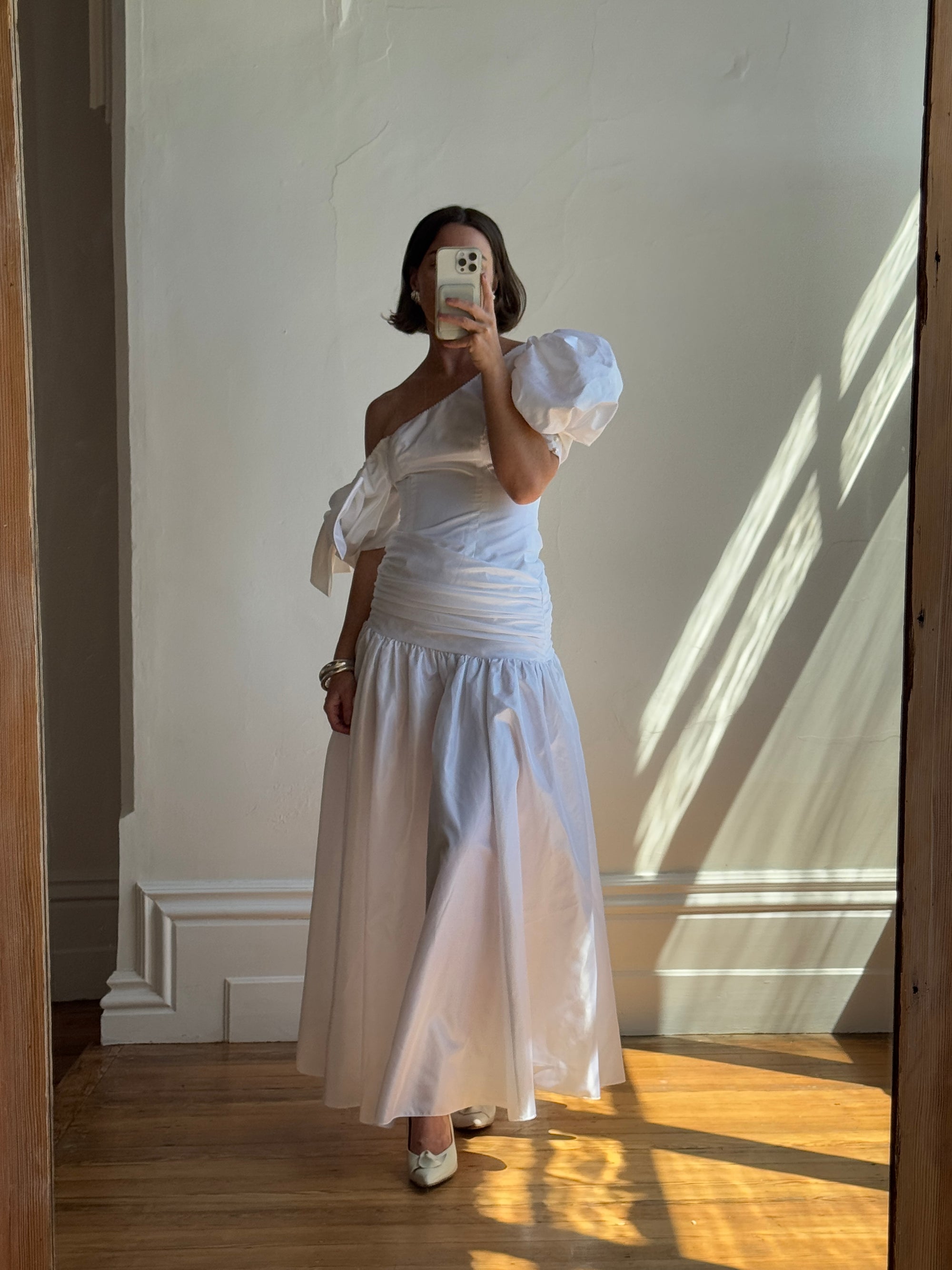 Vintage 80s Asymmetrical Taffeta Drop Waist Wedding Dress