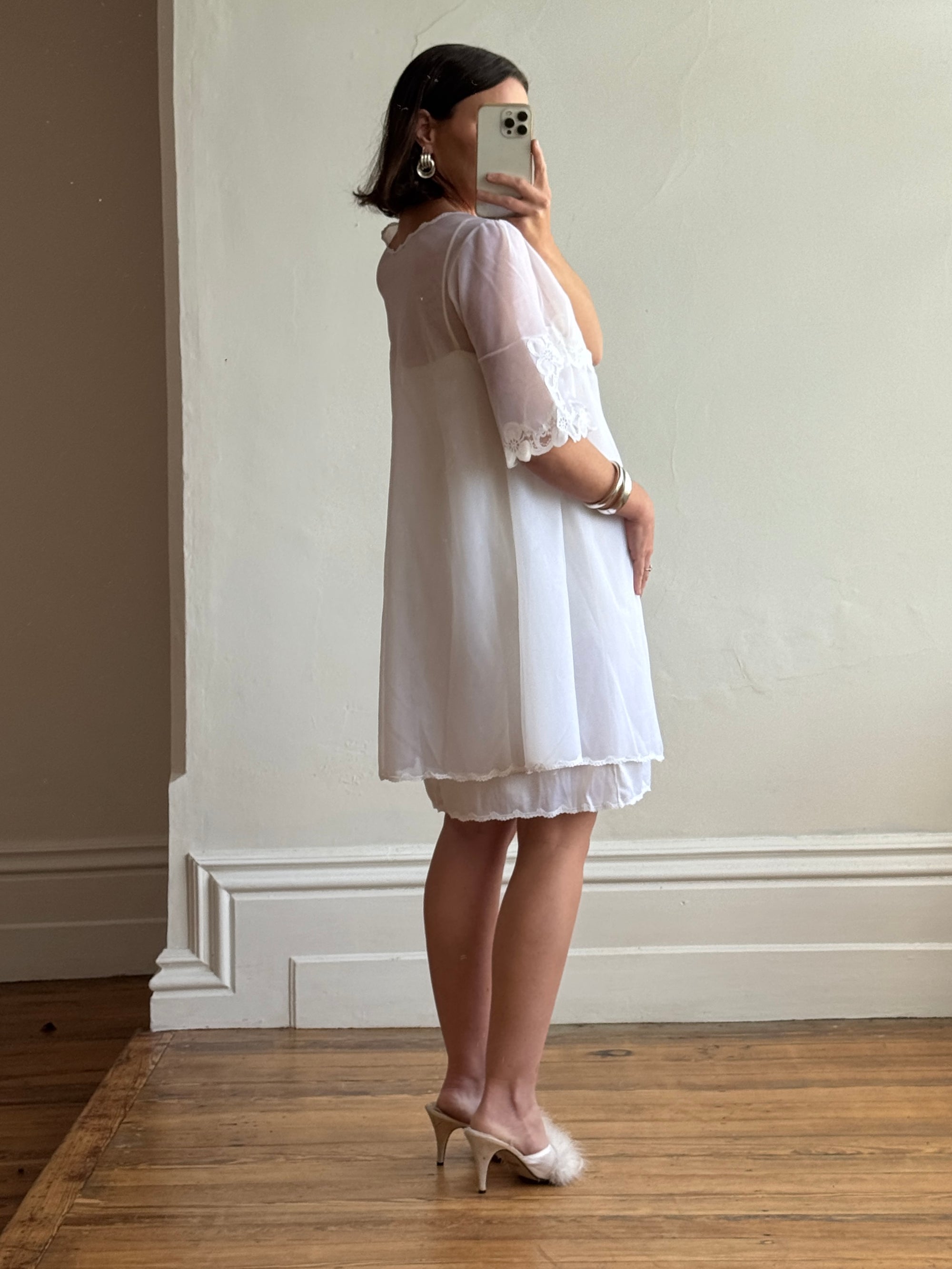 Vintage 80s Wedding Morning Lace Peignoir and Slip Set