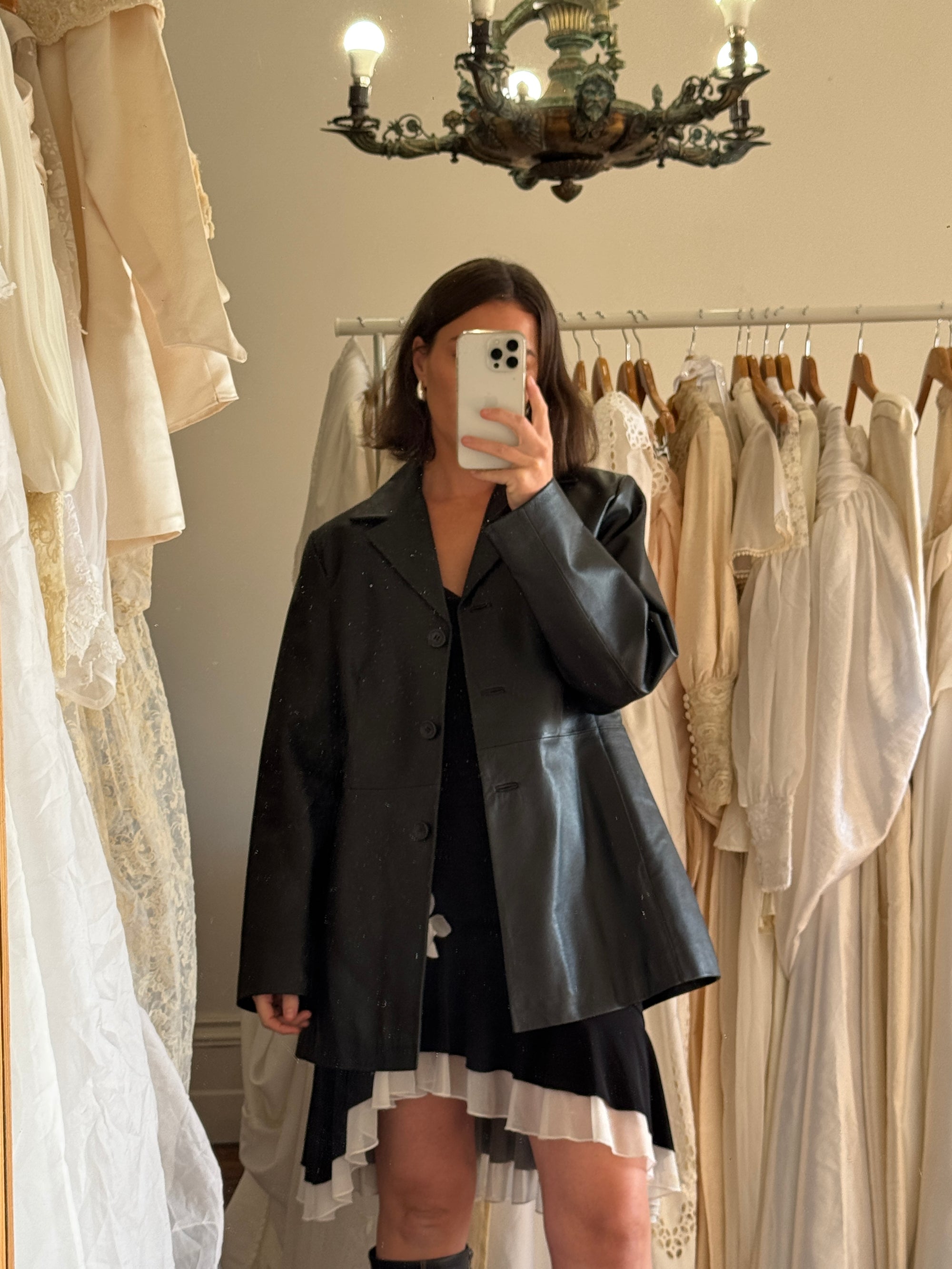 Vintage 90s Leather Mid Length Trench Noir