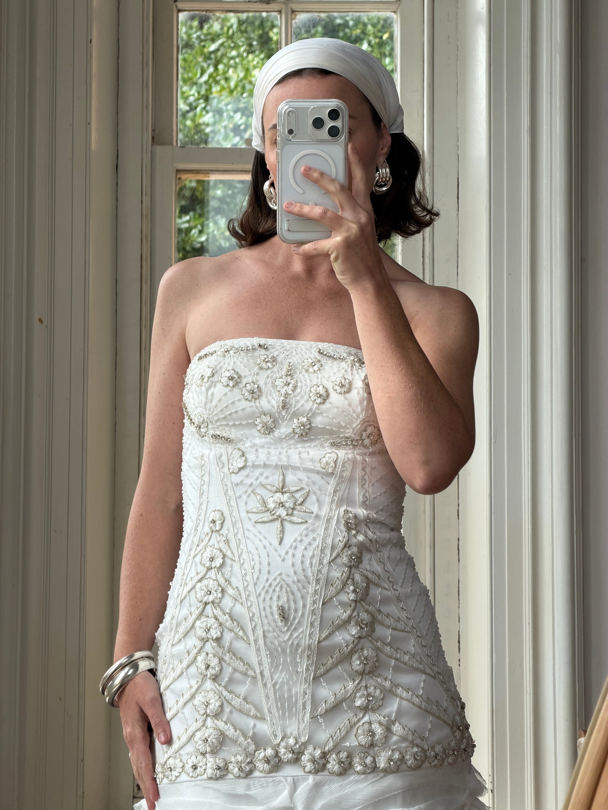 Vintage 90s Strapless Embellished Ruffled Wedding Gown