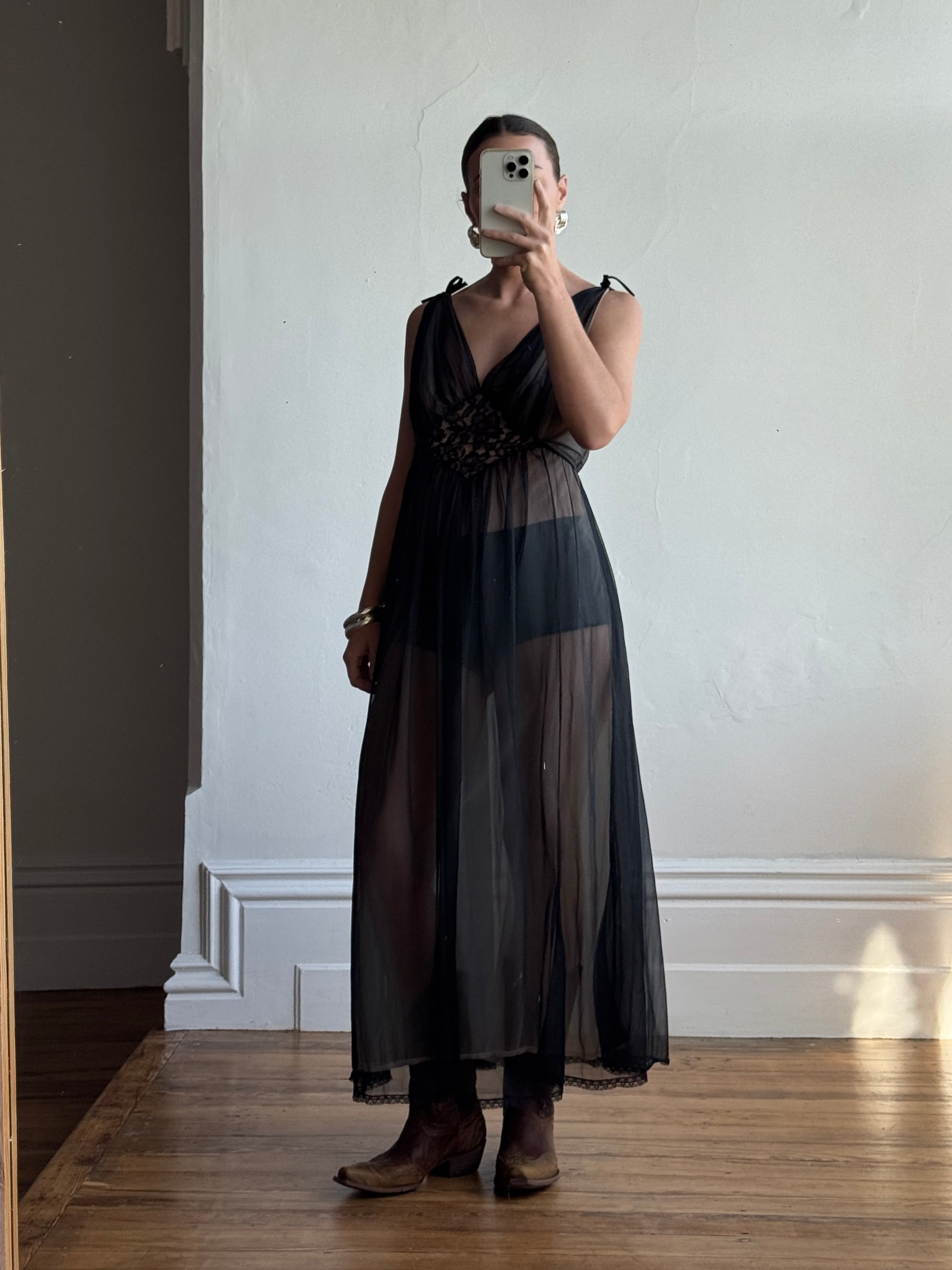 Vintage 60s Noir and Nude Chiffon V Slip Dress