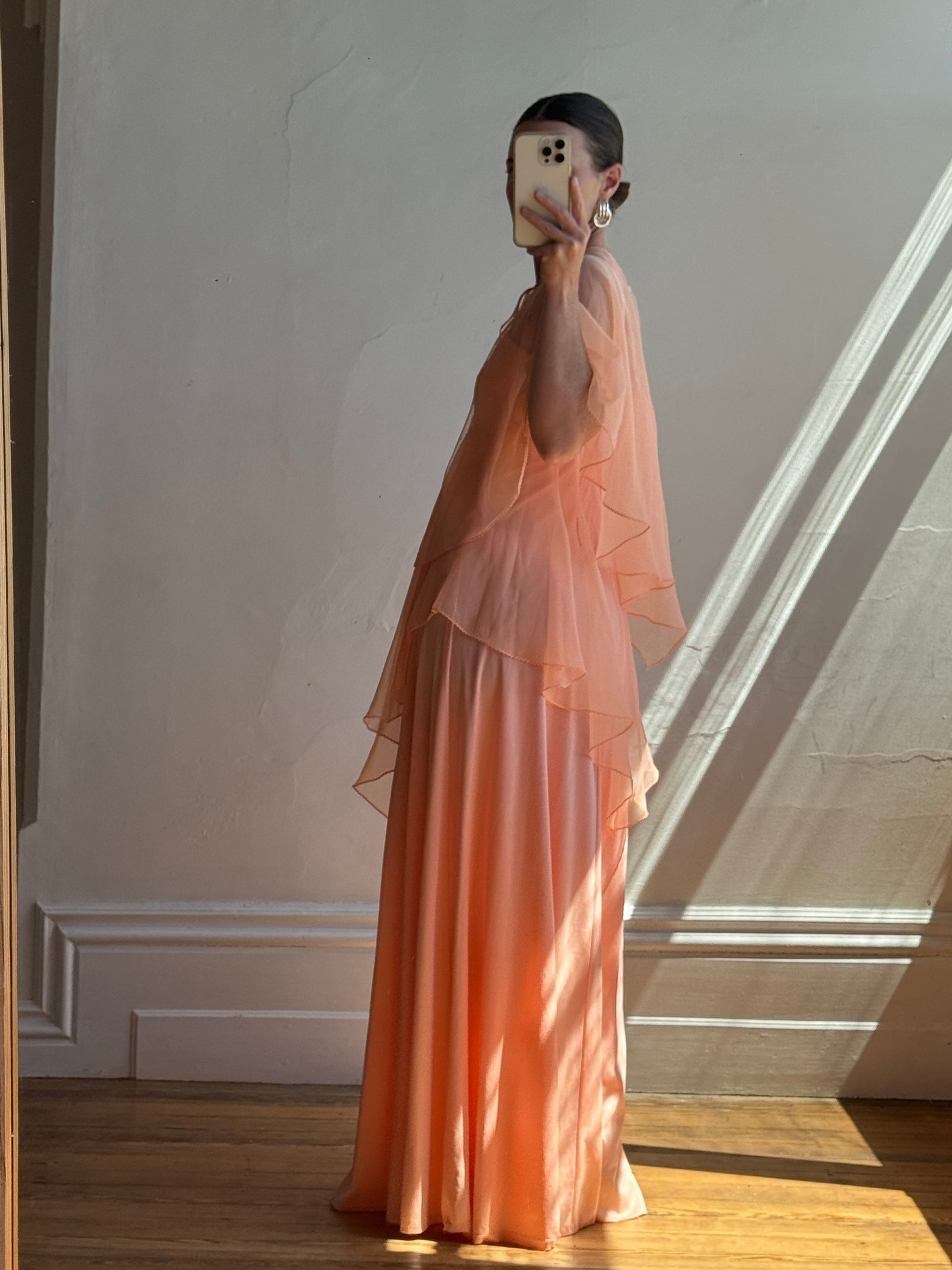 Vintage 70s Apricot Maxi Dress with Sheer Cape