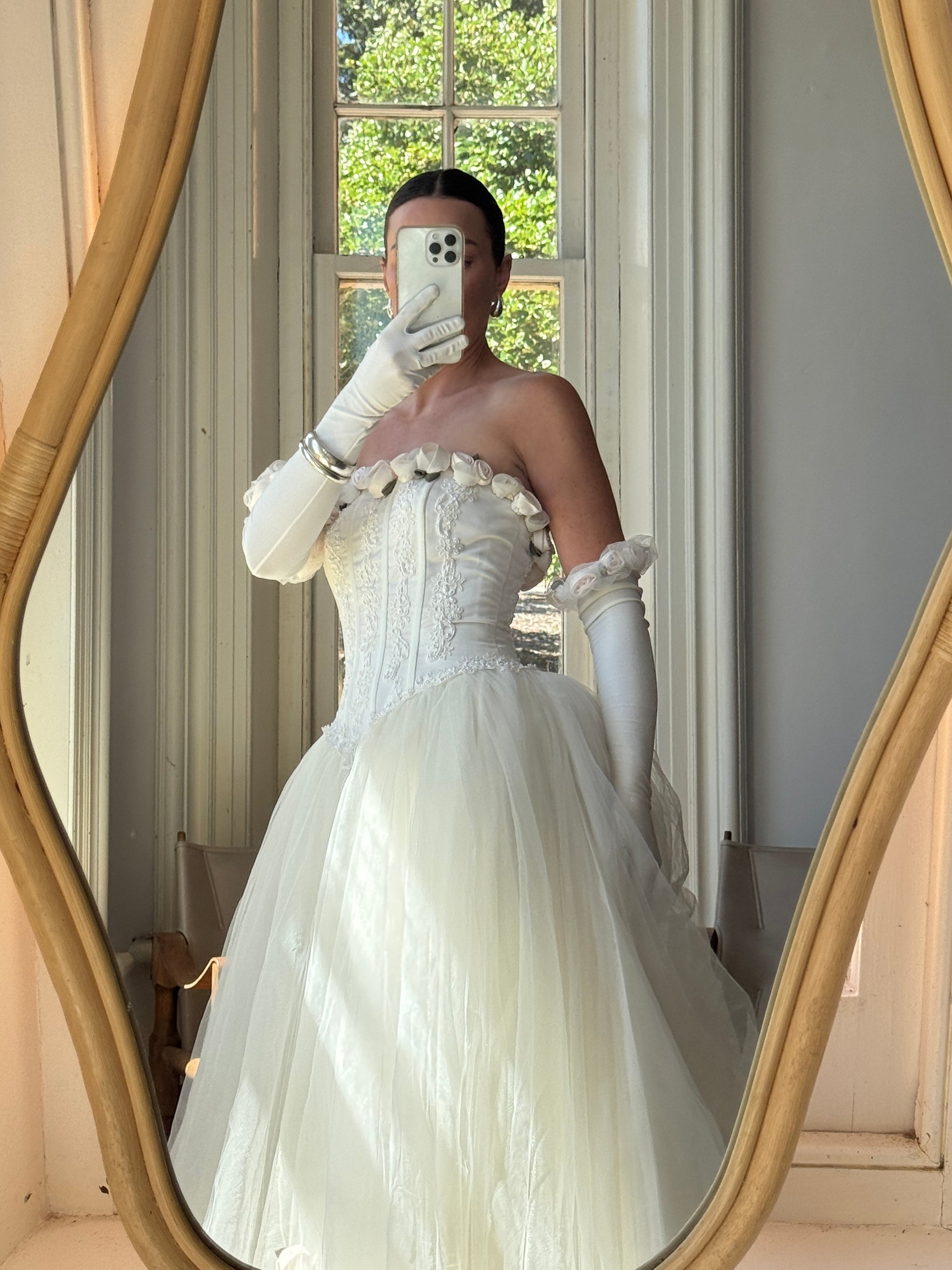 Vintage 90s Rosette Tulle Princess Wedding Gown with Gloves