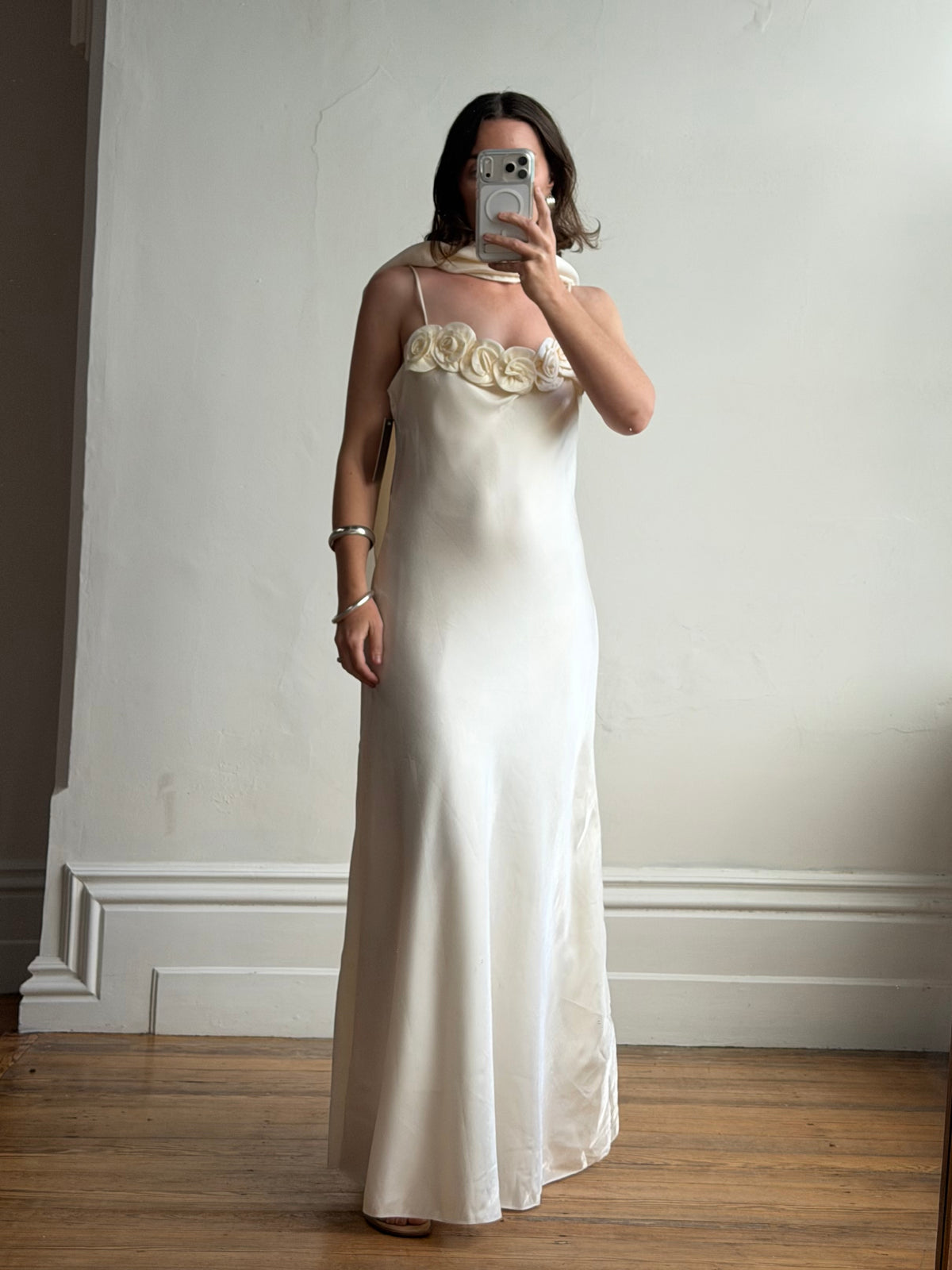 Vintage Y2K Rosette Bridal Slip Dress Champagne Satin