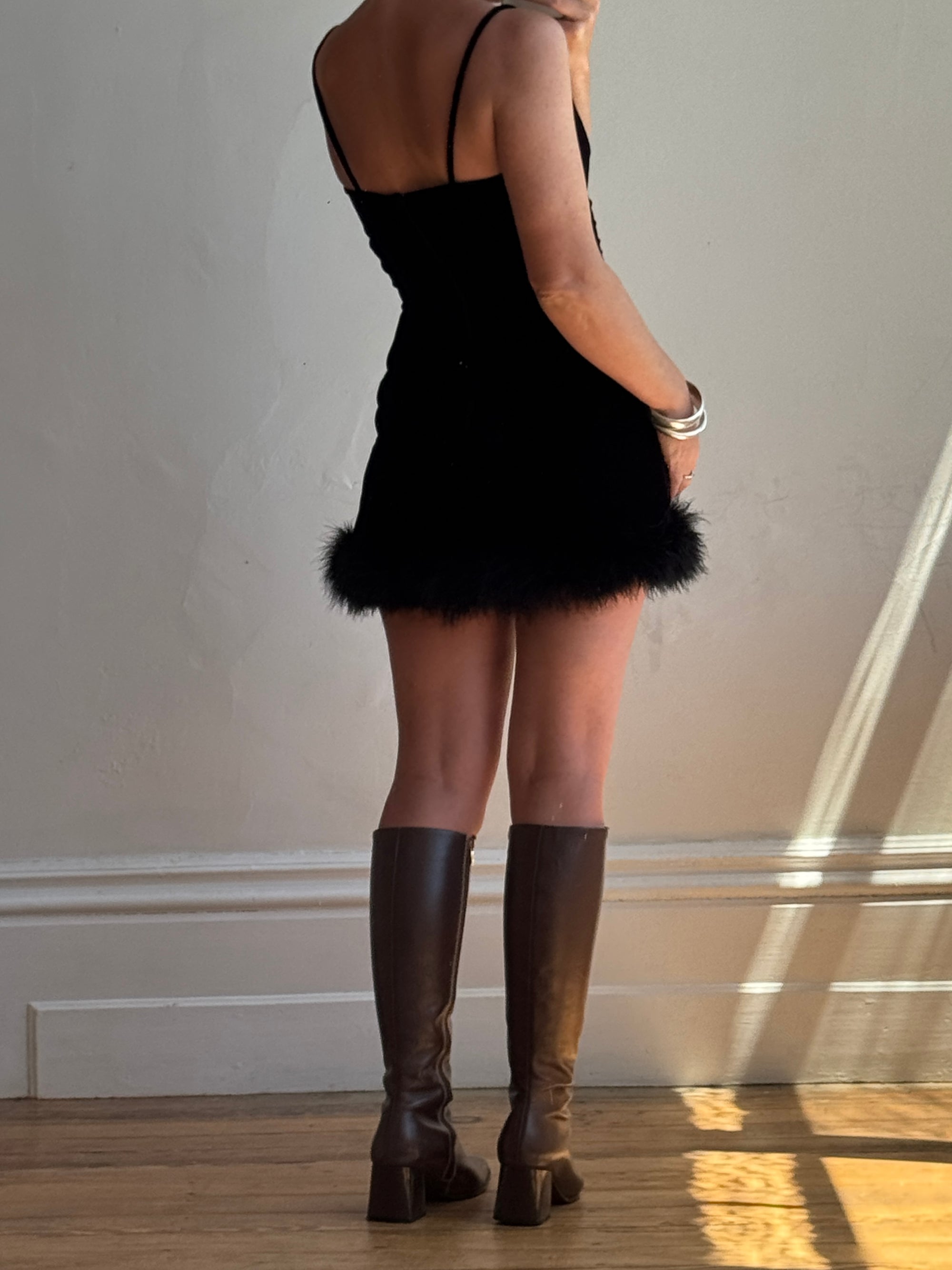 Vintage 90s Velvet Ostrich Feather Micro Mini Noir