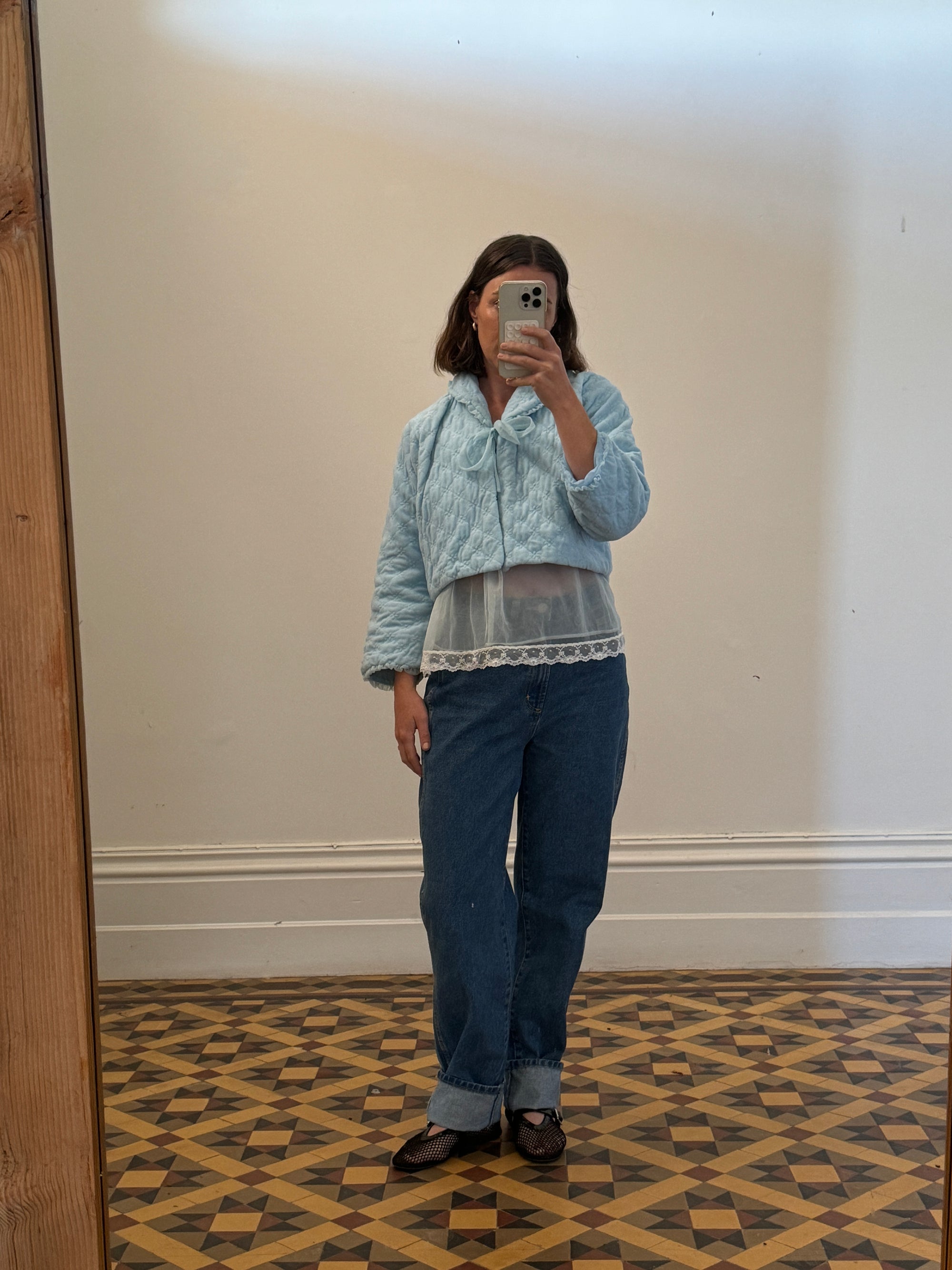 Vintage 50s Cropped Quilted Tie Cardi Sky Blue