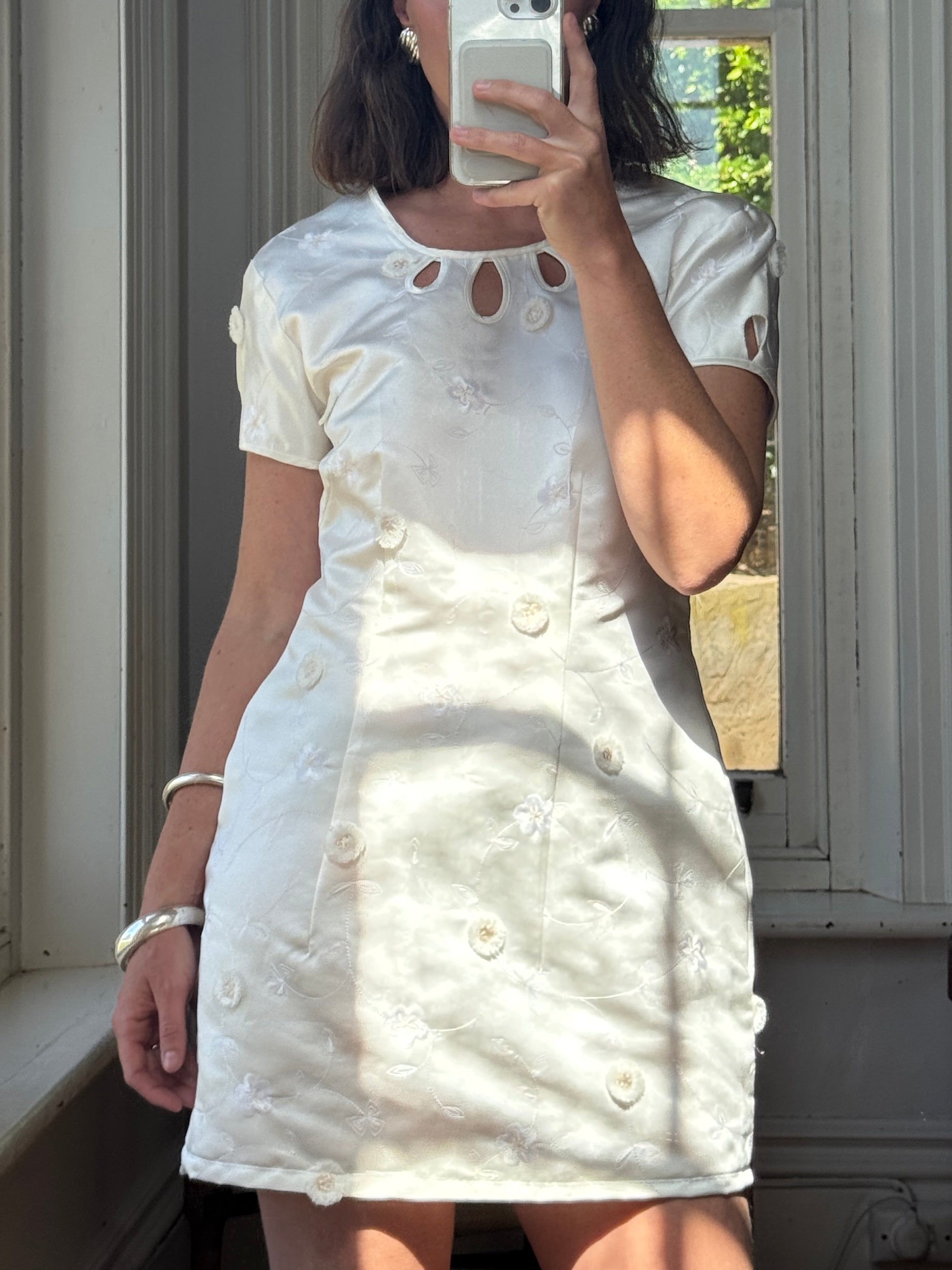 Vintage Ivory Satin Keyhole Embroidered Bridal Mini Dress