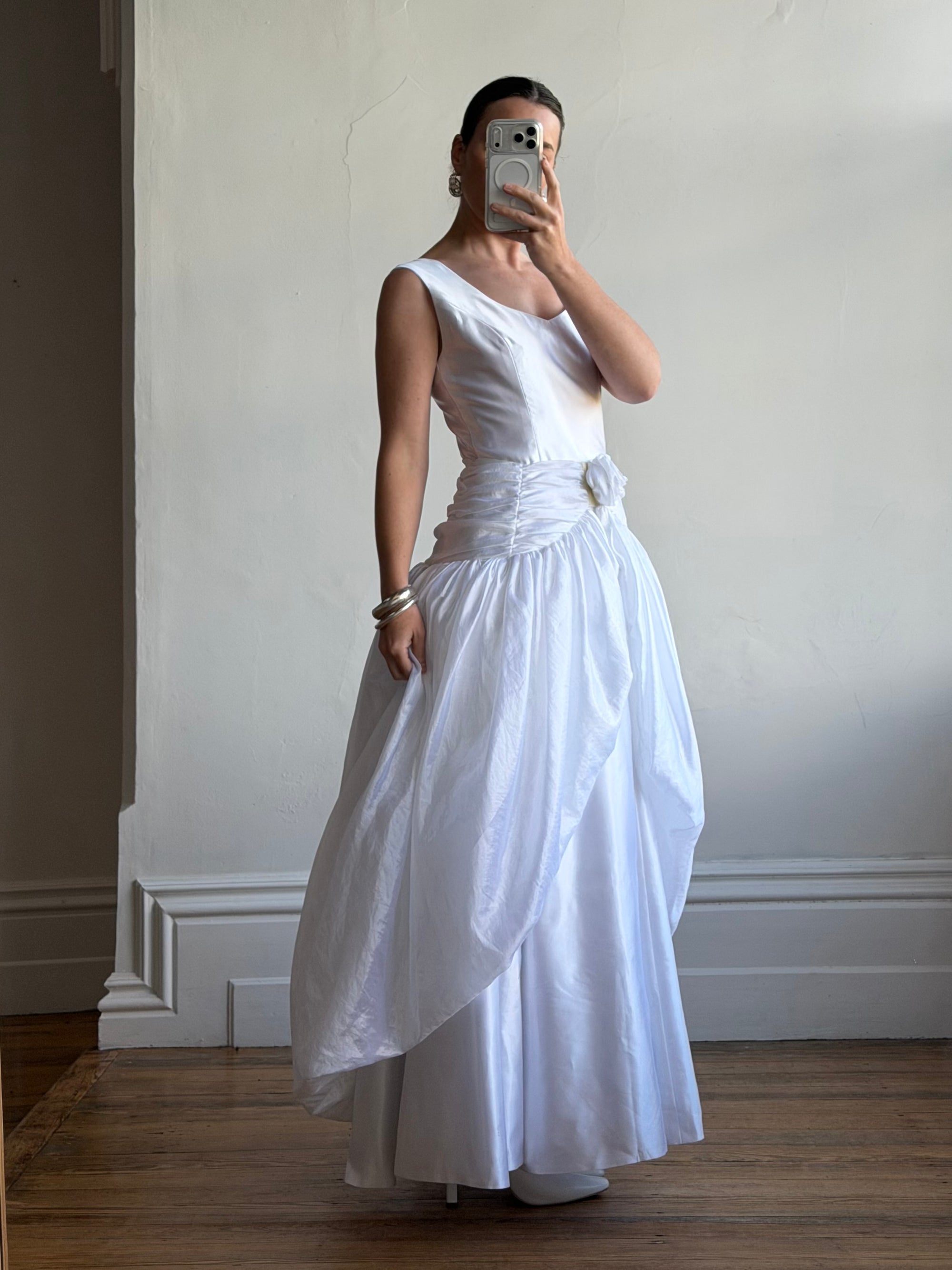 Vintage 90s Strappy Wedding Dress With Rosette Cape Pearl
