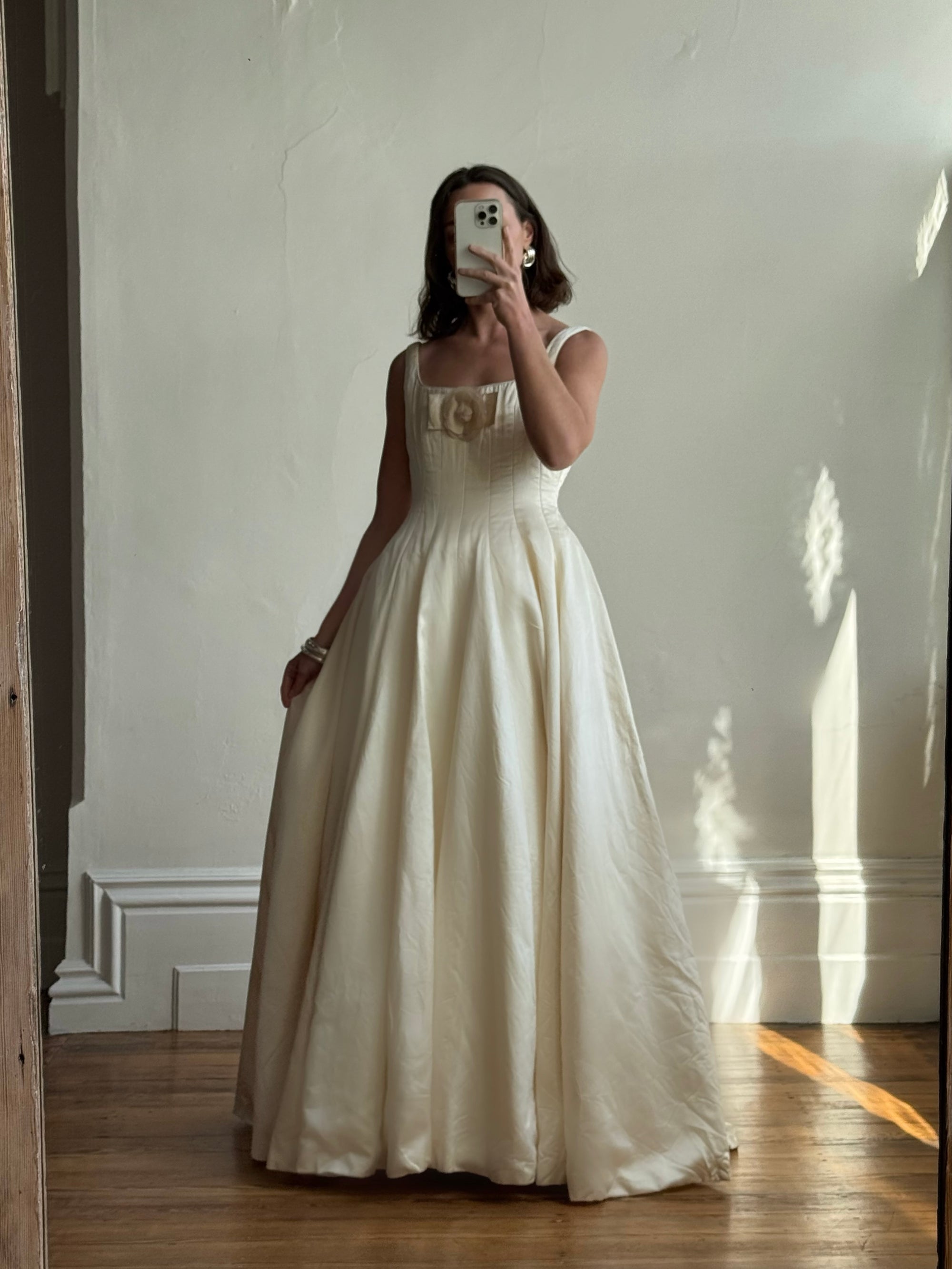 Vintage 90s Silk Satin Scoop Princess Wedding Gown Cream