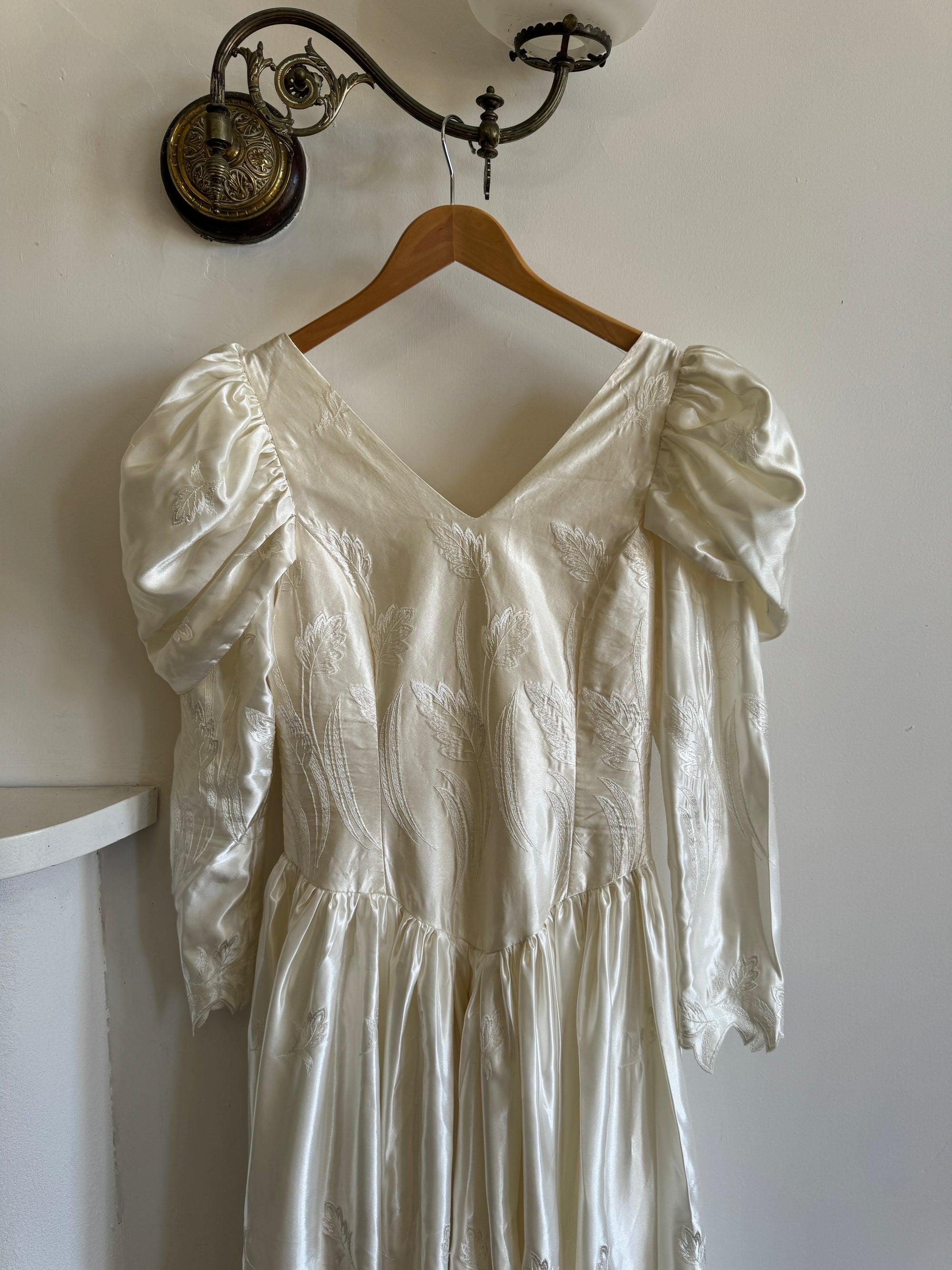 Vintage 80s Puff Sleeve Vine Satin Wedding Gown